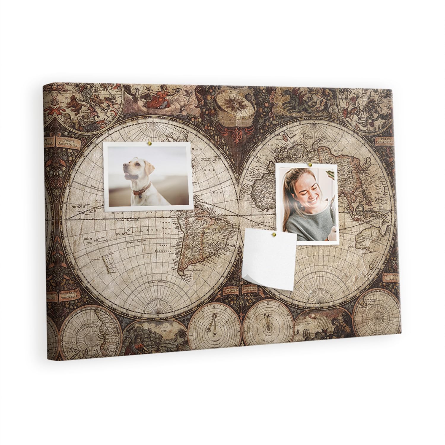 Kork Wandtafel Memoboard inkl. Reißnadeln | Übersichtliches Organisationssystem für Büro, Schule, Haushalt | Planung von Notizen, Fotos, Terminen, Aufgaben 60x40 - metallisch - Vintage-Weltkarte