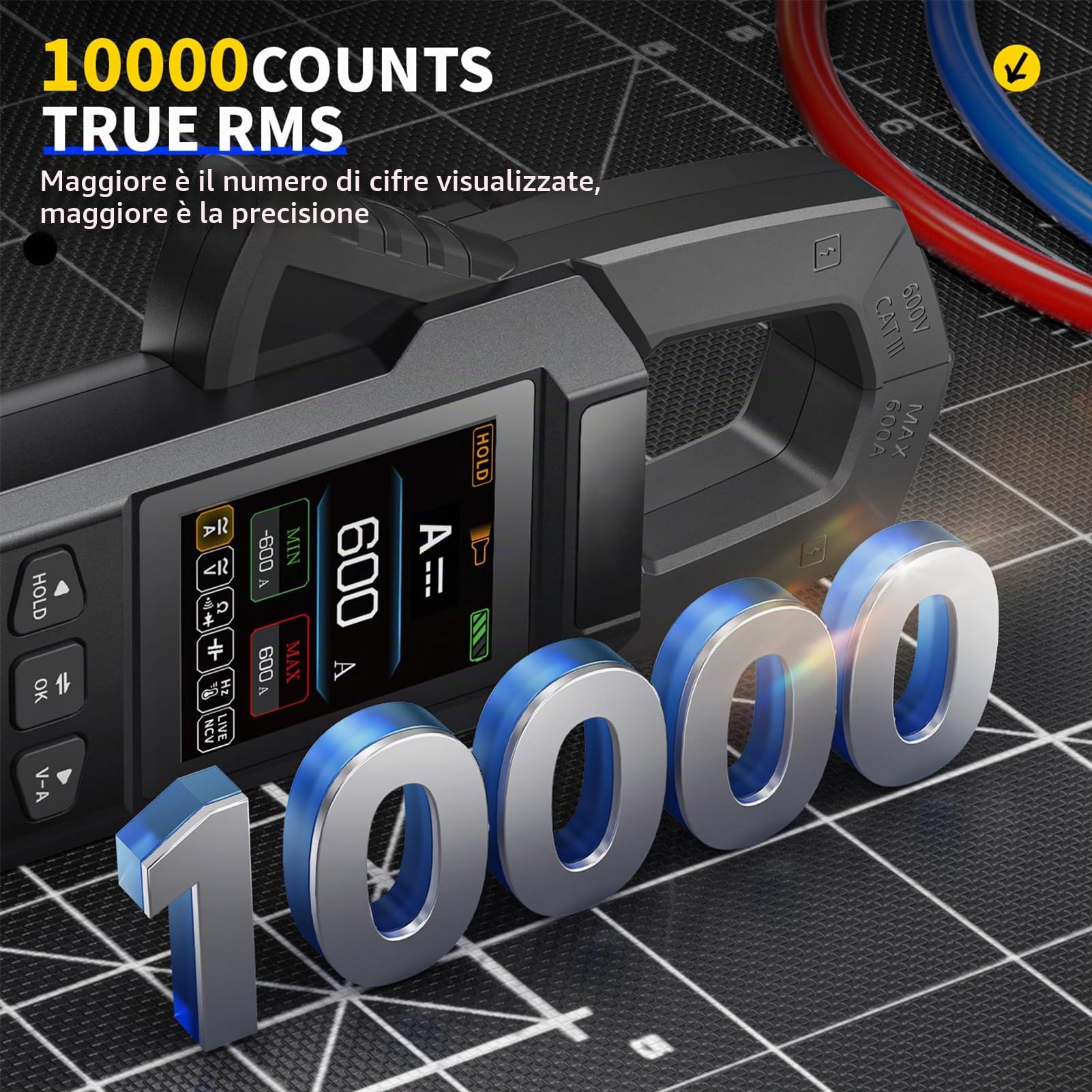 Pinza Amperometrica Multimetro Digitale 10000 Conti AC DC Voltmetro con Illuminazione LED Misure di Resistenza Capacitanza Tensione Corrente Temperatura Frequenza Diodi DMC-100