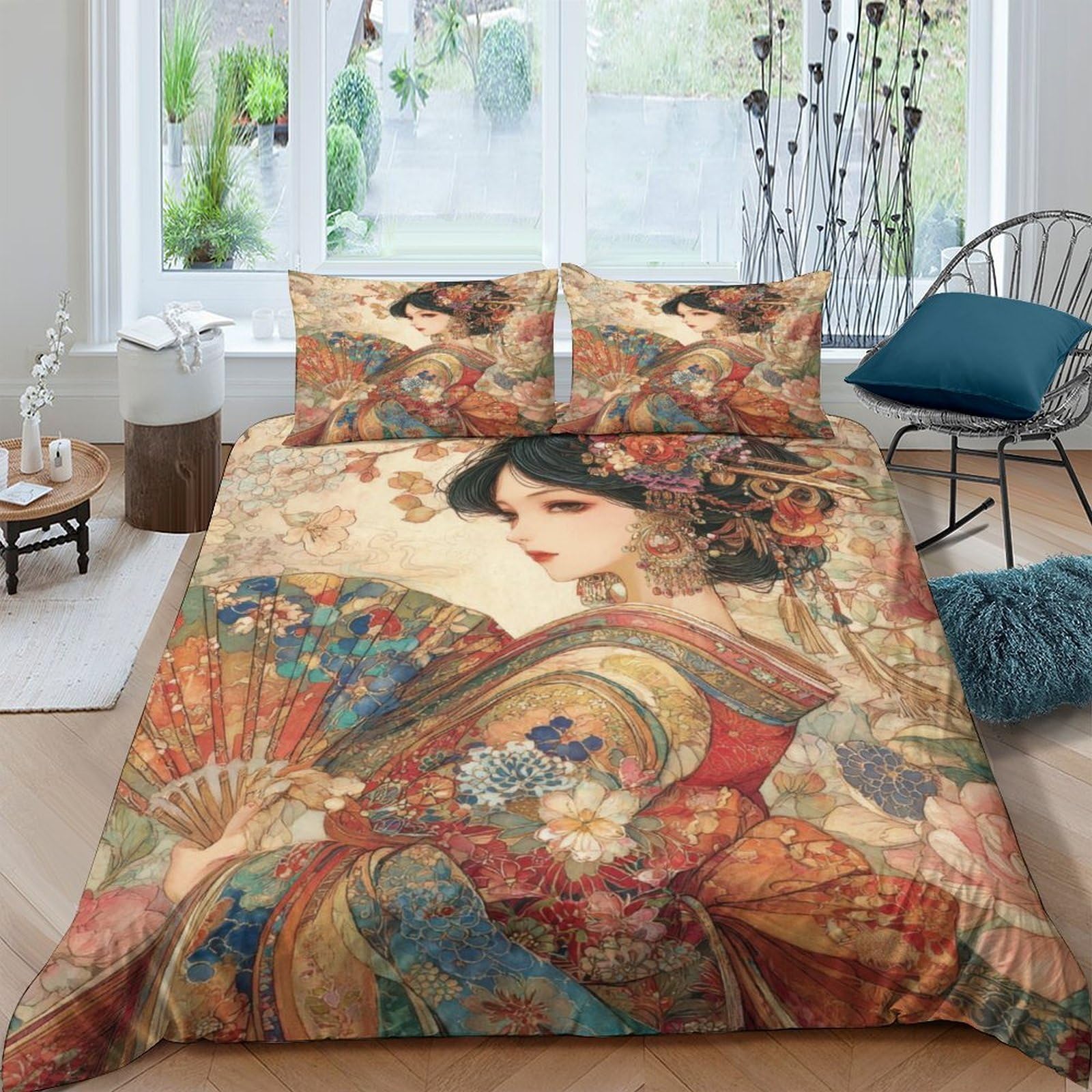 Ctjqhvkz Style-2 3D Printed Japanese Geisha Fitted Sheet Microfiber Soft Breathable Vintage Floral Mattress Cover For Bedroom Decor Single（135X200cm）