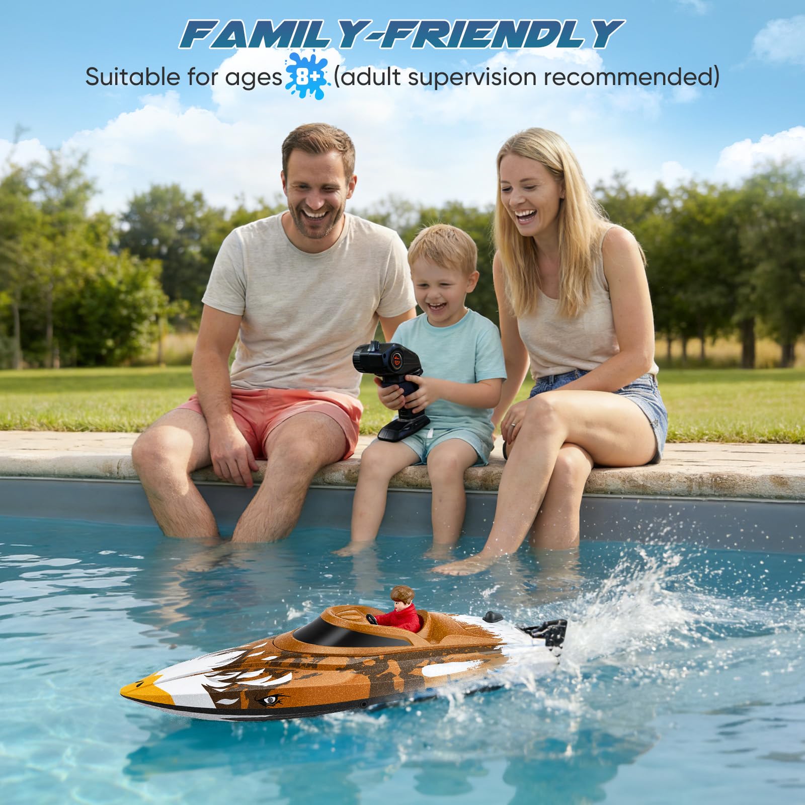 Bateau RC télécommandé 25 km/h - Bateau de course haute vitesse étanche avec 2 batteries et télécommande 2,4 GHz pour piscine, lac et étang - Pour enfants et adultes (Marron)