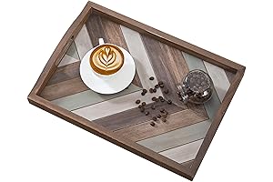 MyGift Distinctive 16 Inch Rustic Brown Wood Multicolored Chevron Ottoman Serving Tray with Handles