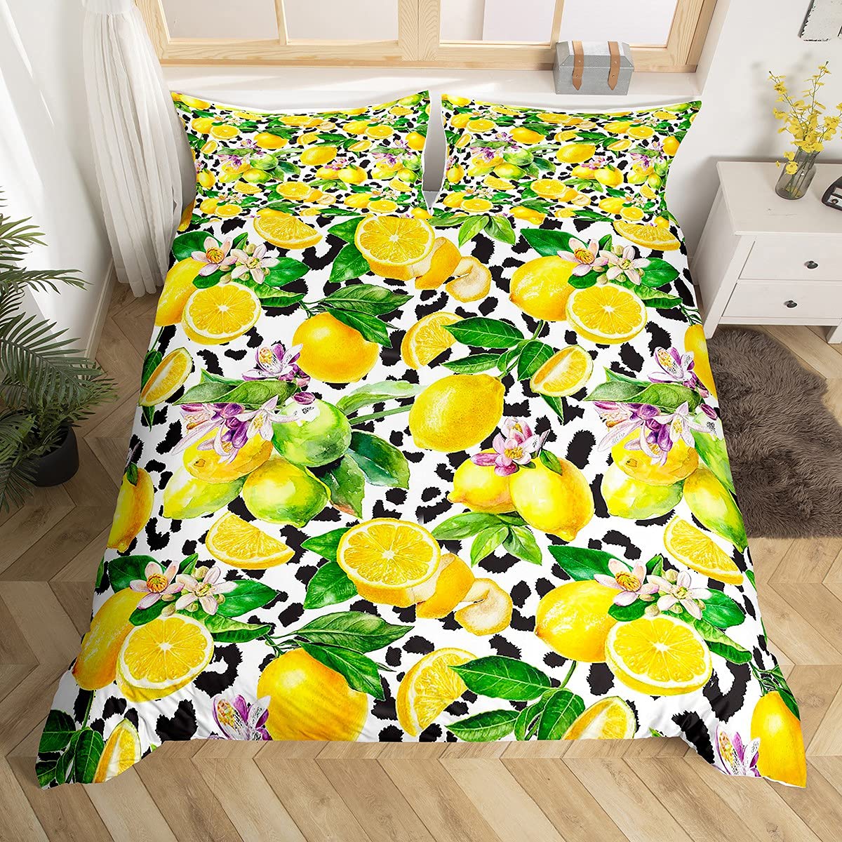 Homemissing Yellow Lemon Duvet Cover Fresh Fruit Bedding Set Black White Cow Comforter Cover for Kids Adults Green Leaves Purple Flowers Bedding & Linen 3Pcs With 2 Pillow Case King Size
