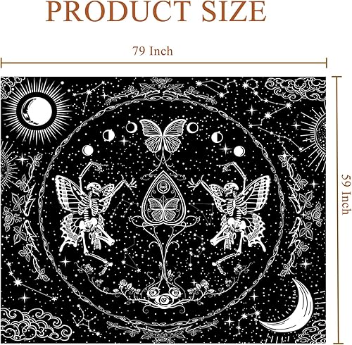 Miniatura 7 de KJHL Tapiz de calavera en blanco y negro, para amantes de esqueletos, estético, grande, gótico, mariposa, para colgar en la pared, dormitorio, sala