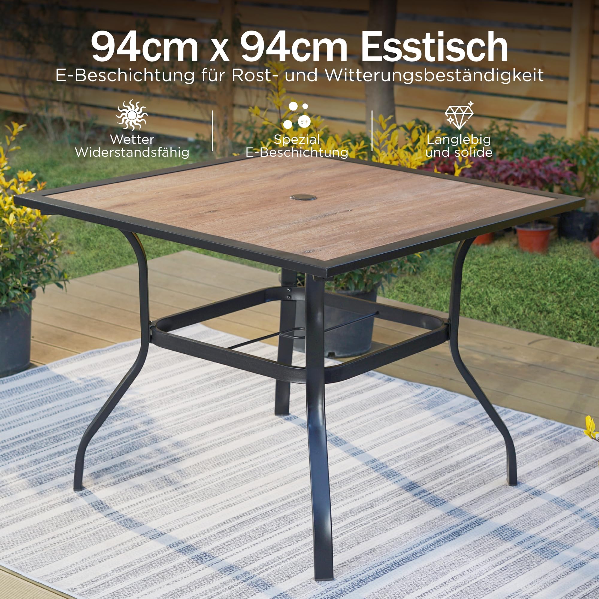 PHI VILLA Gartentisch Wetterfest Outdoor Garten Tisch Terrassentisch Balkontisch E-Beschichtung Metall 94×94×71cm Holzähnlicher Quadratische Braun