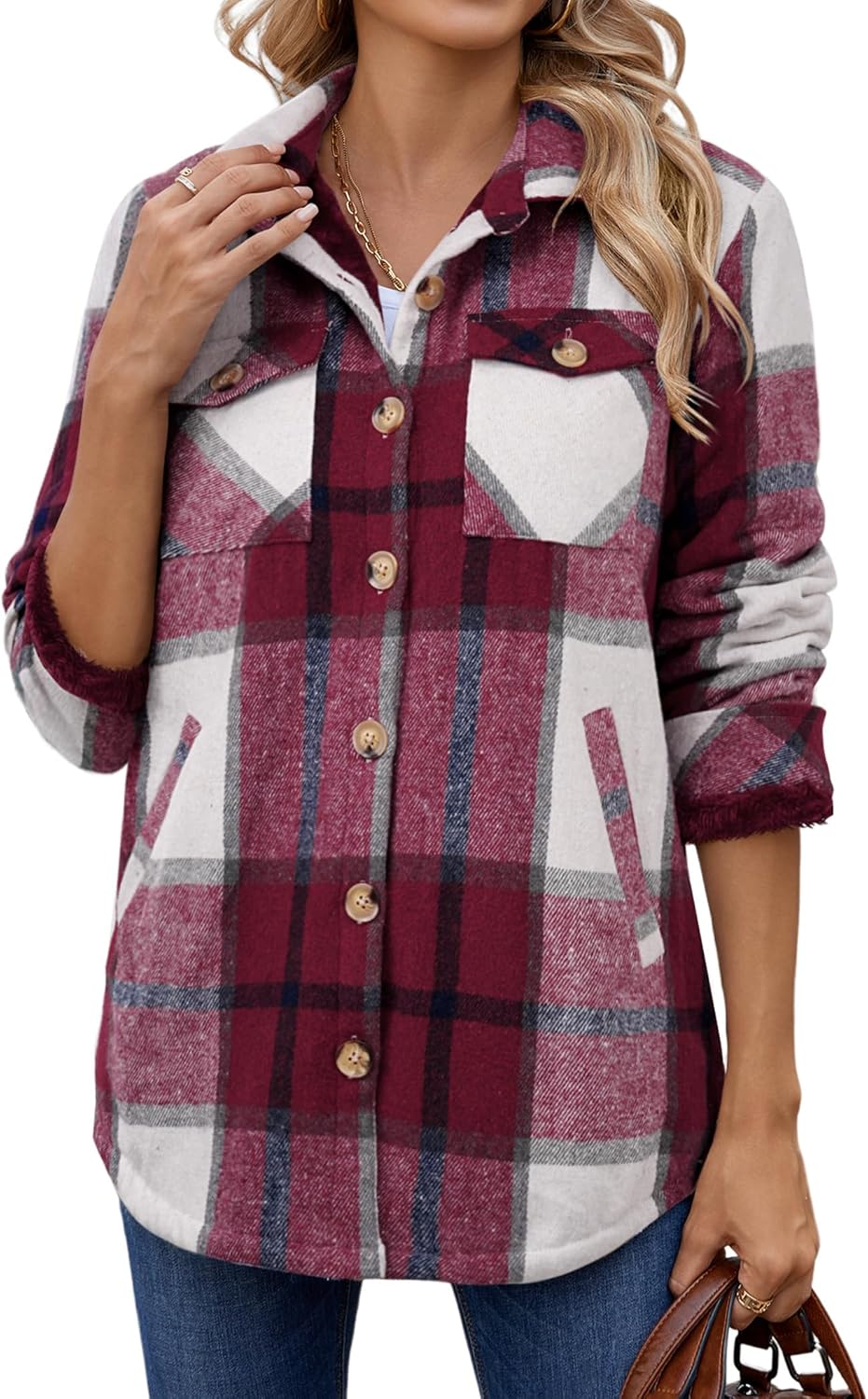 Zeagoo Women's Fleece Sherpa Jacket Casual Long Sleeve Button Down Flannel Shacket Shirt Winter Coat with Pockets