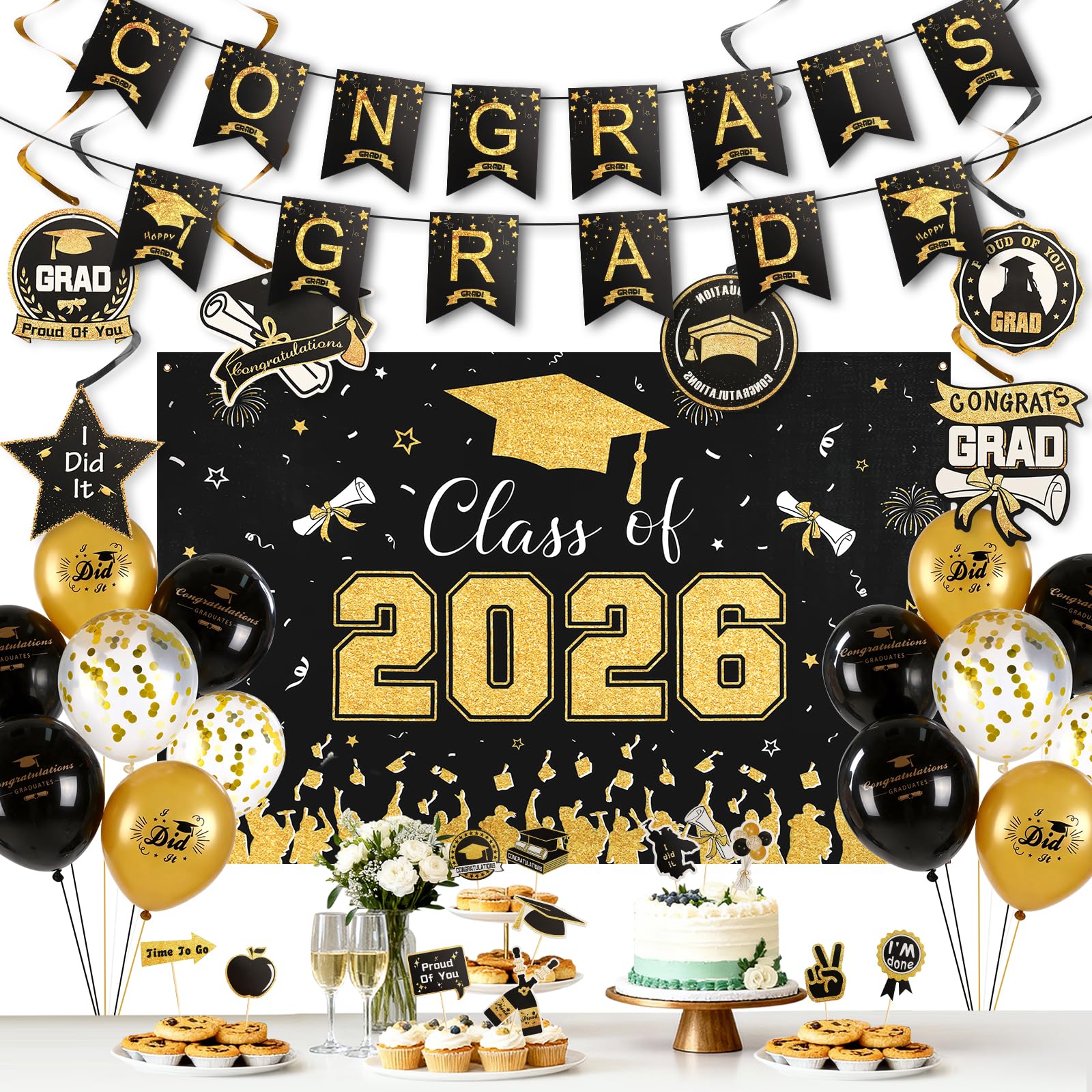 Photo 1 of Black and Gold Graduation Decorations 2026 Kit 34 Pcs Party Supplies Class of 2026 Backdrop Congratulations Graduate Banner Balloons Cupcake Toppers