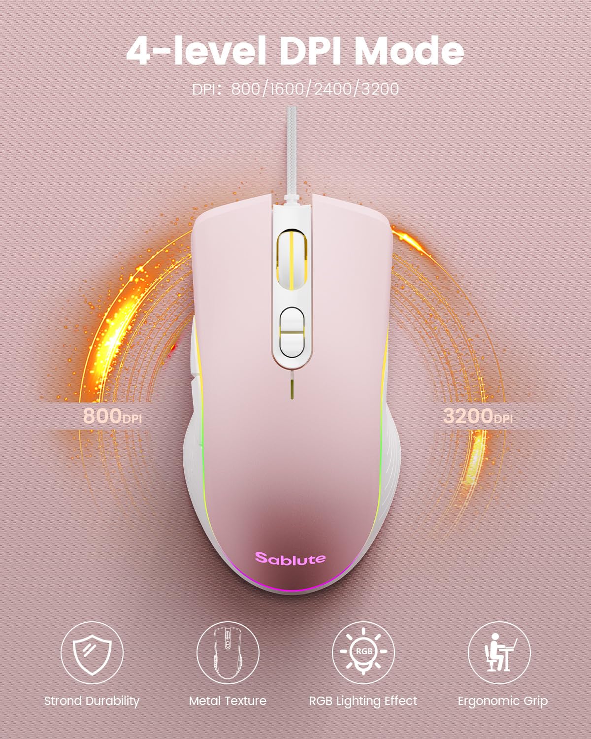 SABLUTE Tastiera e mouse da gioco con cavo, tastiera e mouse meccanici retroilluminati RGB, manopola multimediale e poggiapolsi ergonomico anti-ghosting in pelle premium per gioco (rosa)