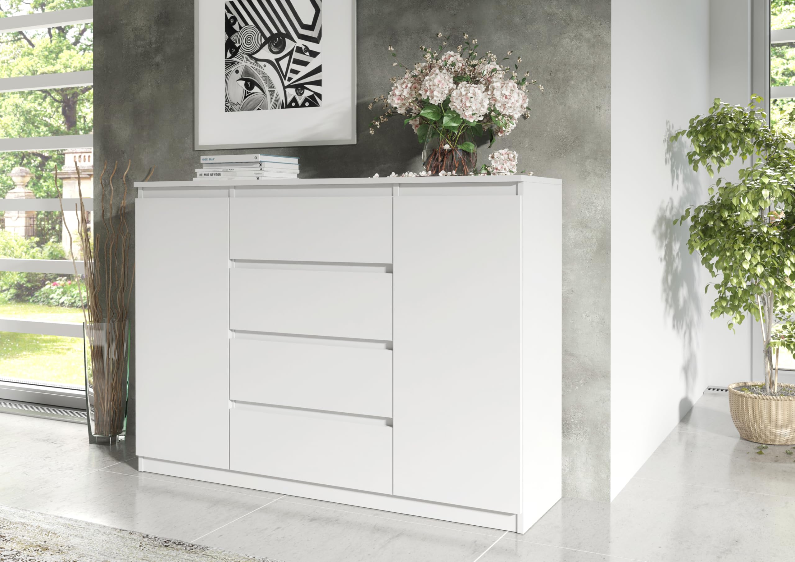 meble masztalerz Cassettiera con 4 cassetti e 2 ante - per la Camera da Letto e il Soggiorno - Mobili Salvaspazio 120 cm (Bianco Opaco)