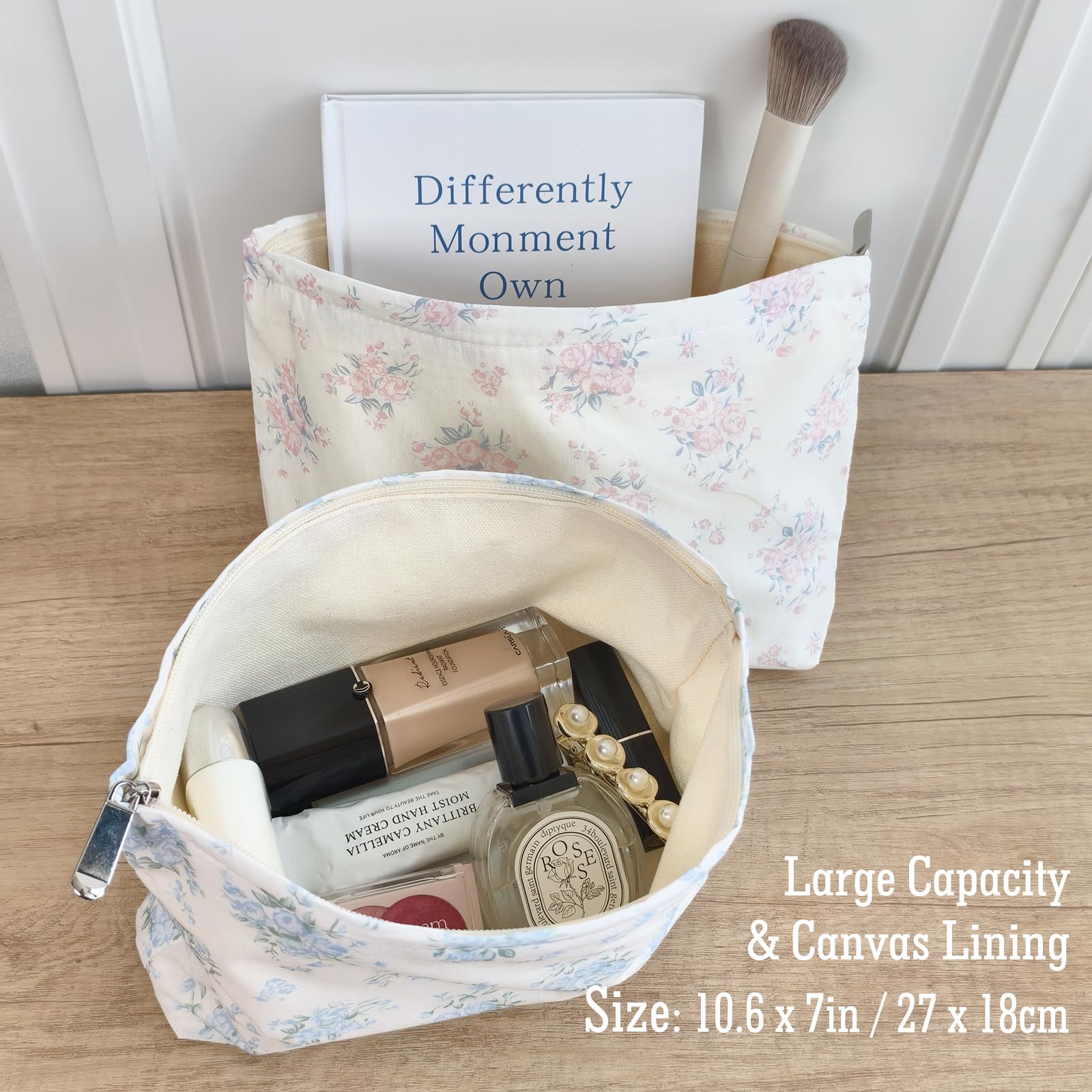 STARDW Neceser de viaje con diseño floral estético para mujeres y niñas, bolsa organizadora para el cuidado de la piel, bolsa con cremallera, Azul (Flowers Blue), Bolsas de maquillaje estéticas de