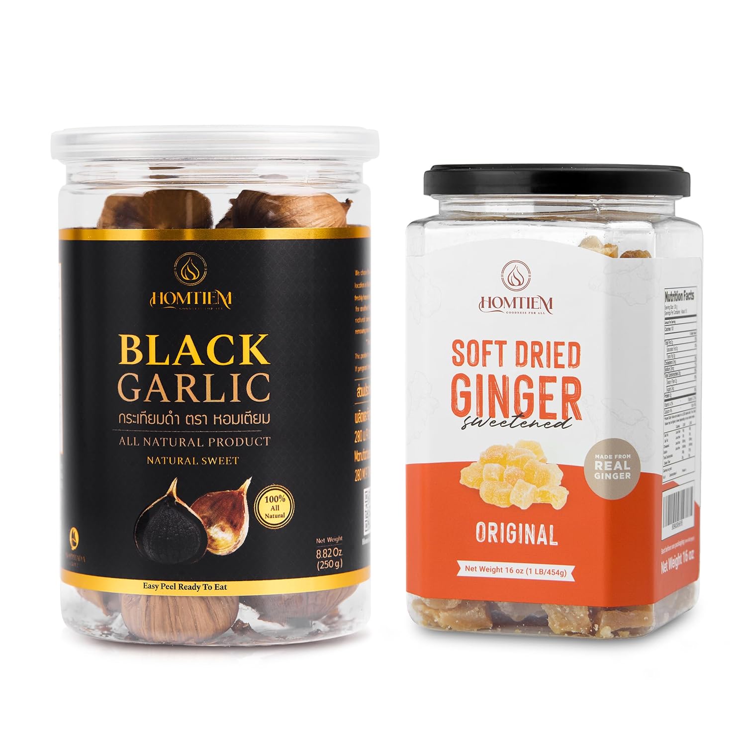 Homtiem Black Garlic 250g + Homtiem Dried Crystallized Ginger Original 16 Ounce