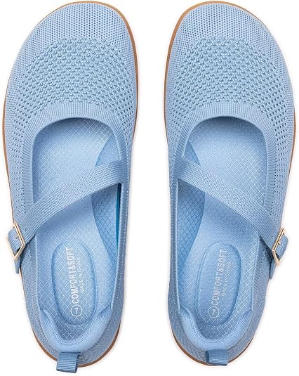Frank Mully Women's Wide Width Flats Mary Jane Flat Comofortable Knit Ballet Flat Wide Toe Box Dress Shoes with Adjustable Straps