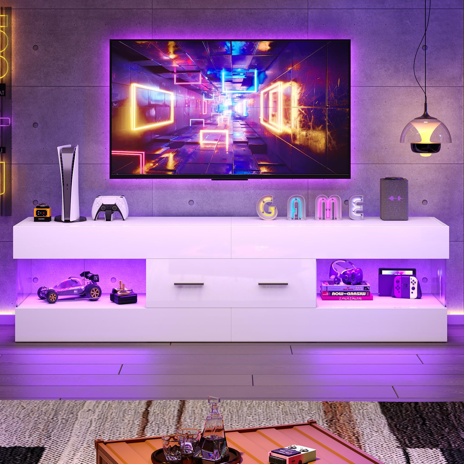 Bestier Mobile TV per TV da 65 pollici,moderno mobile TV laccato lucido,centro di intrattenimento a LED con ampio cassetto,consolle TV per soggiorno e camera da letto(bianco)