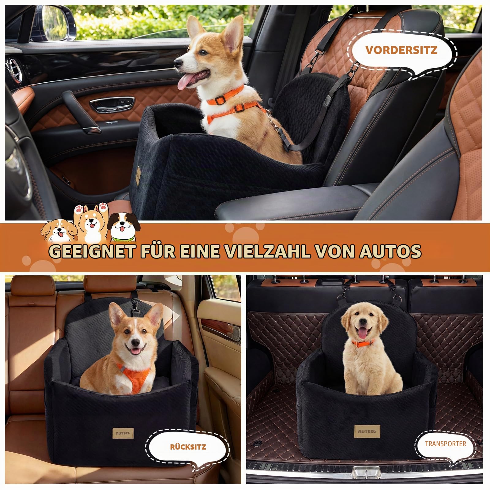 Hunde Autositz für kleine & mittlere Hunde, Wasserfest Hundesitz Auto | waschbarer Autositz Hund mit Sicherheitsgurt & Taschen, rutschfest, erhöhtes Hundebett für Rückbank & Beifahrersitz