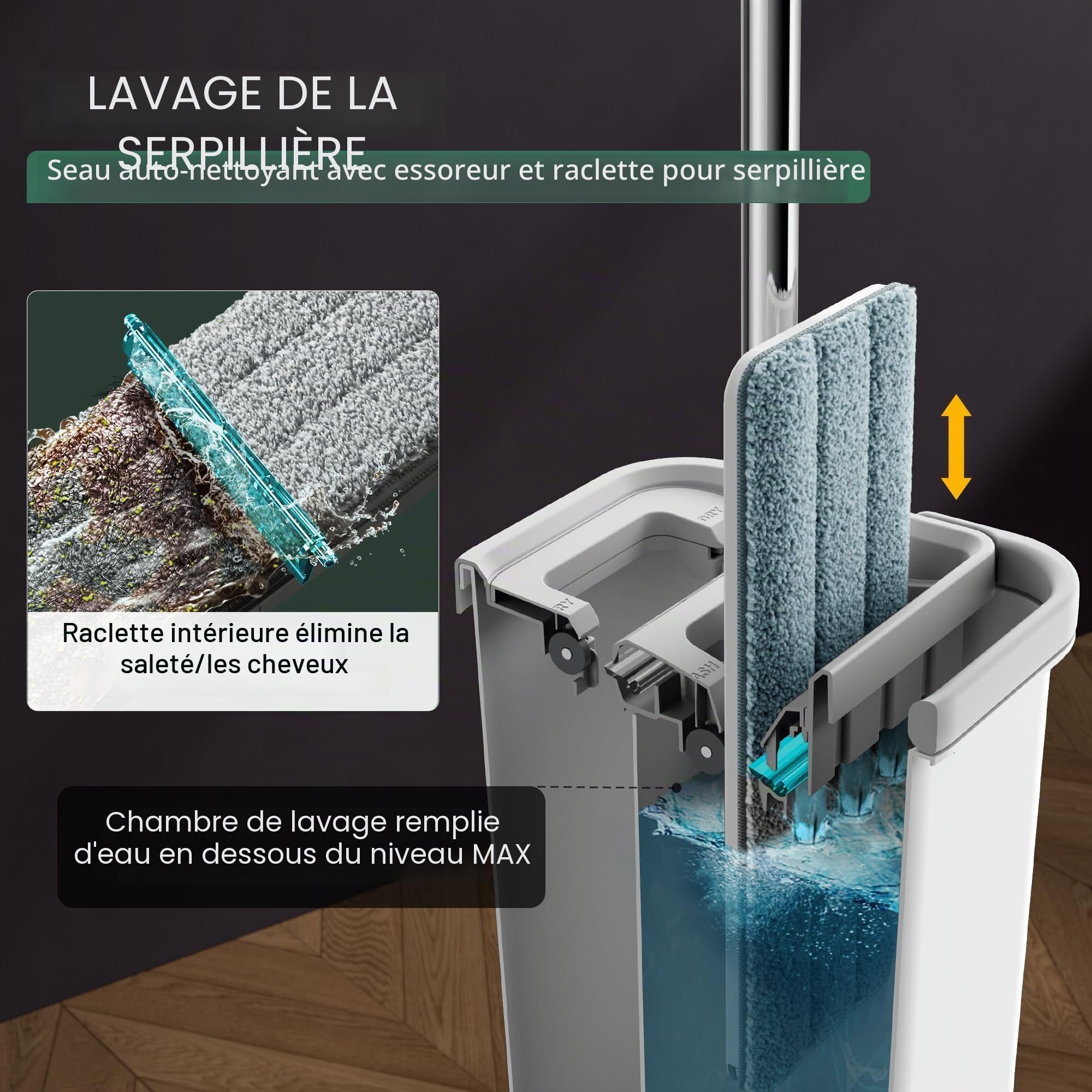 JOYMOOP – Serpillère Plate avec lingette en Microfibre et Seau avec essoreur, avec Long Manche, Utilisation Humide ou sèche, Nettoyage du Sol