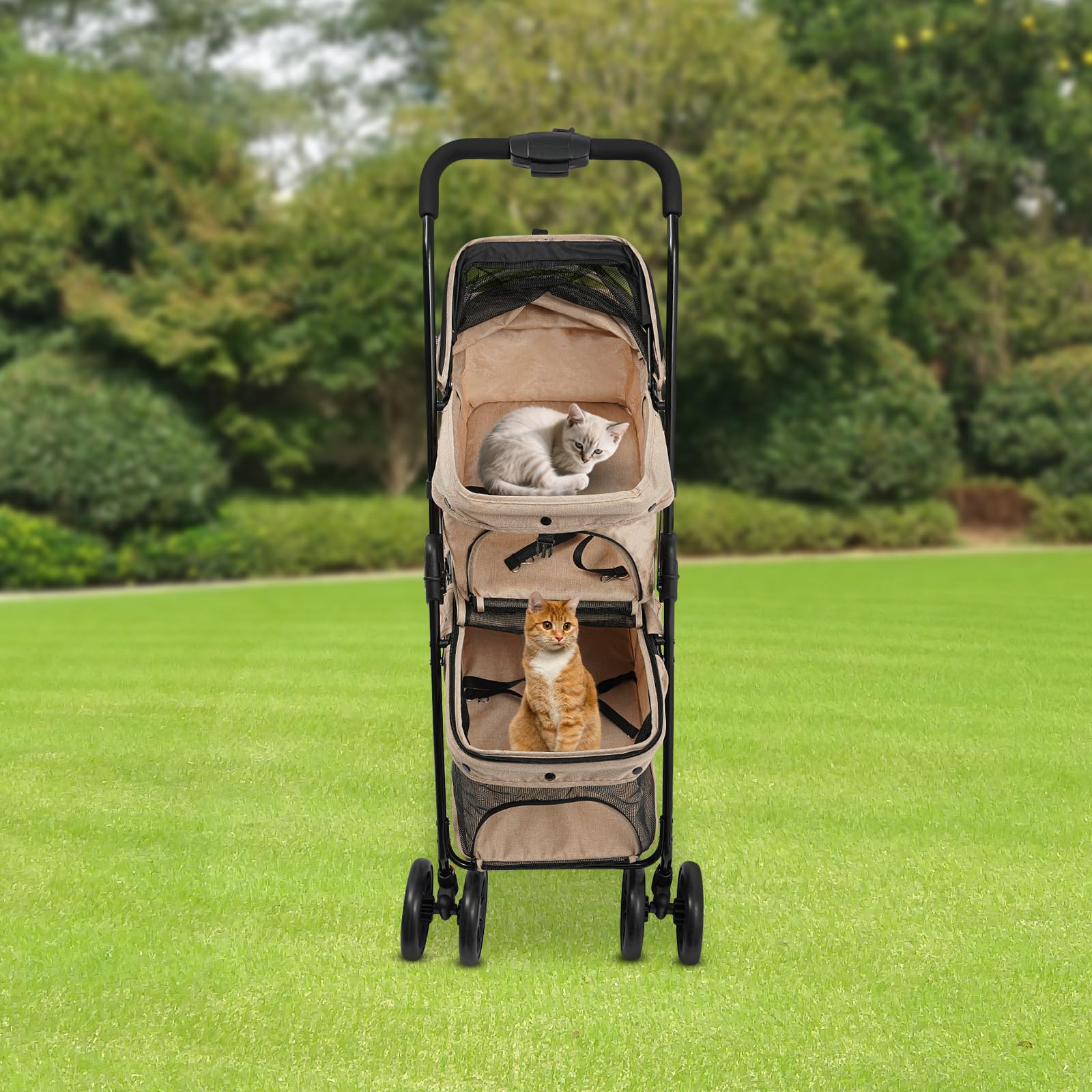 2-Lagiger Haustierwagen für Hunde & Katzen, Faltbarer Doppeldeck-Tierwagen mit Netzfenster, Bremse & Aufbewahrungstasche, Stabiler Carbonstahlrahmen, bis 40kg belastbar 95 * 60cm (Khaki)