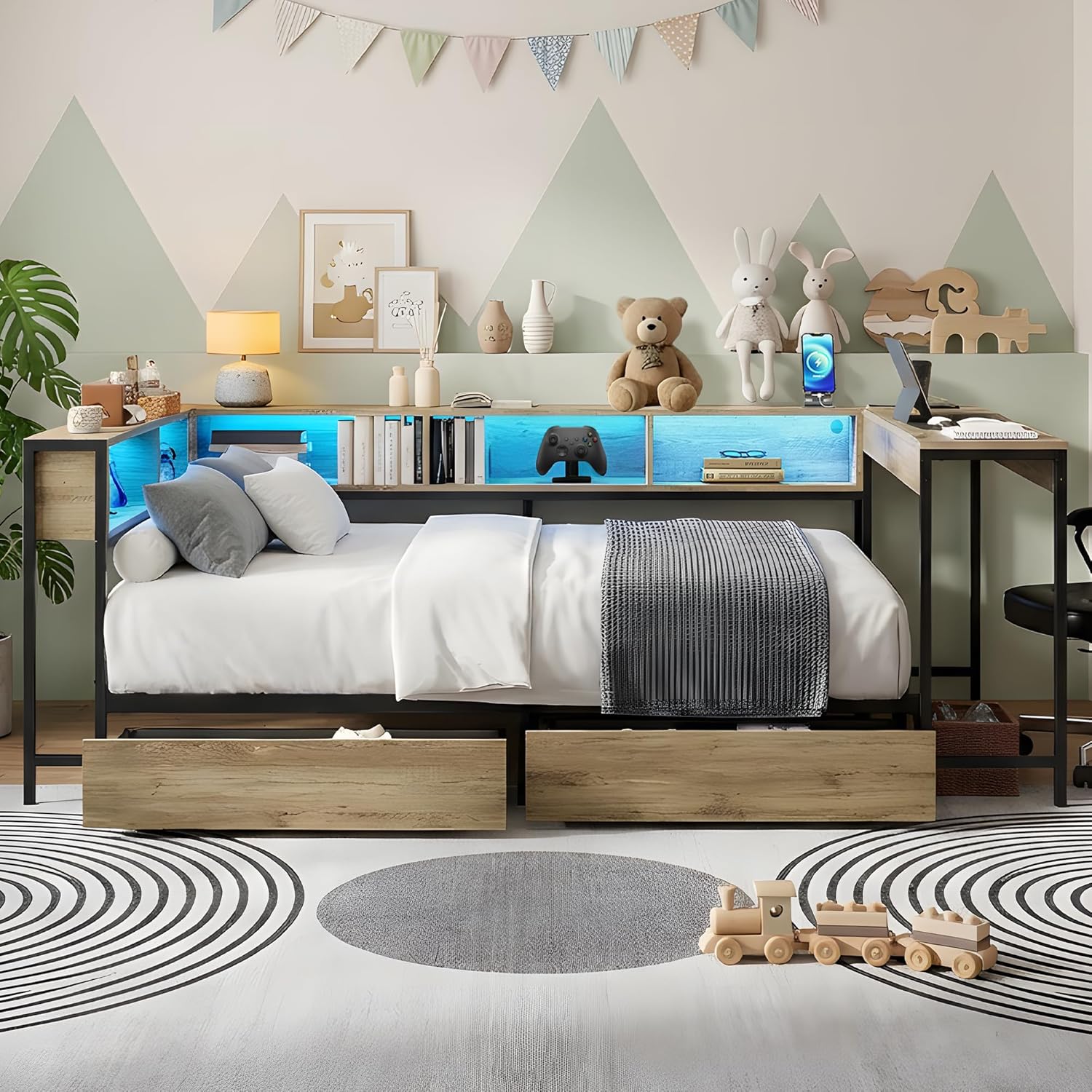Twin Corner Bed with Desk and Storage Bookcase, Daybed with 2 Drawers, Twin Size Platform Bed Frame with Charging Station and LED Light, Modern Teenagers Bedframe, Noise-Free, Grey