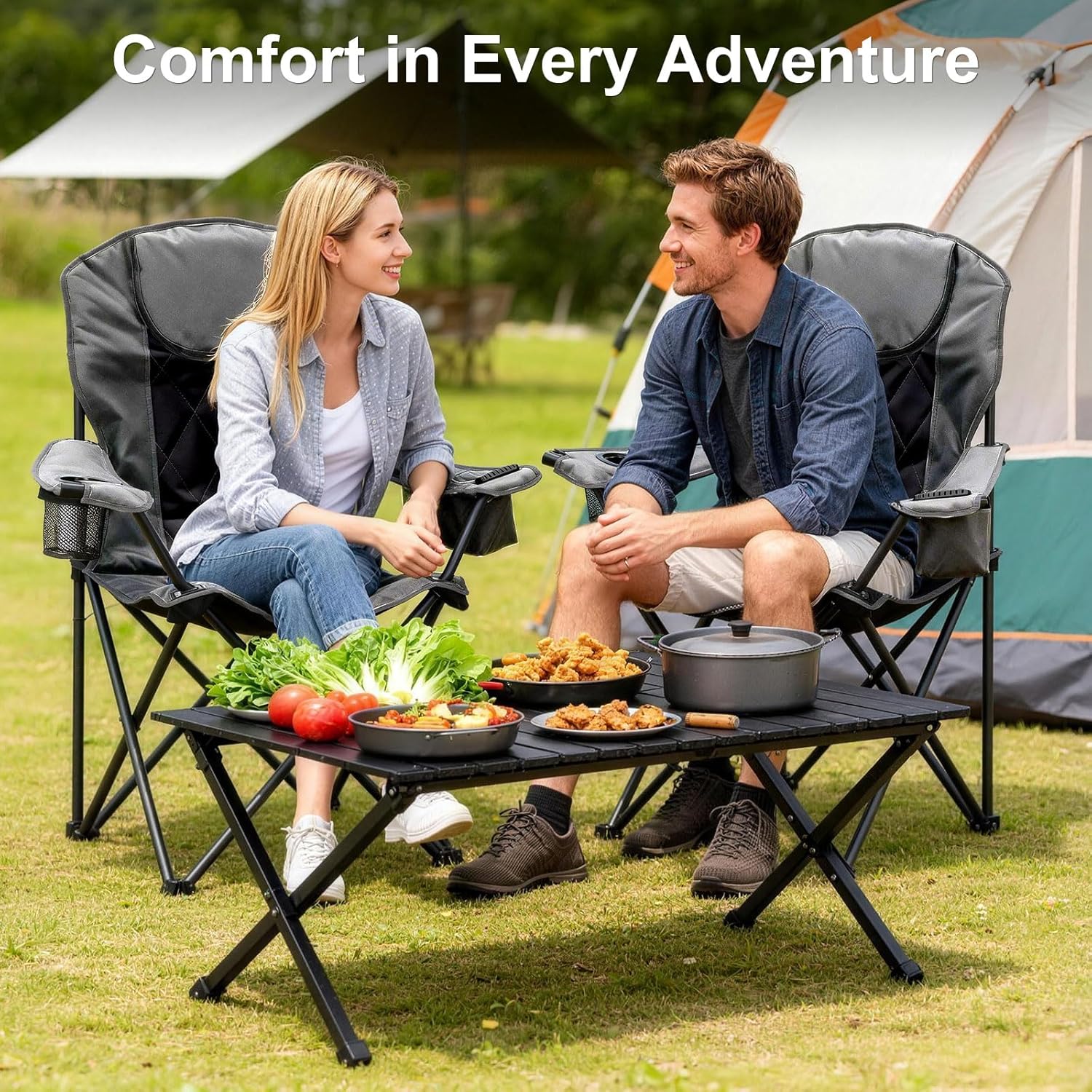 ABORON Oversized Camping Chair, Portable Folding Chair with Cooler Bag & Headrest, Lightweight Outdoor Chair for Camping, Beach, Tailgates & Sports, Supports 400 lbs