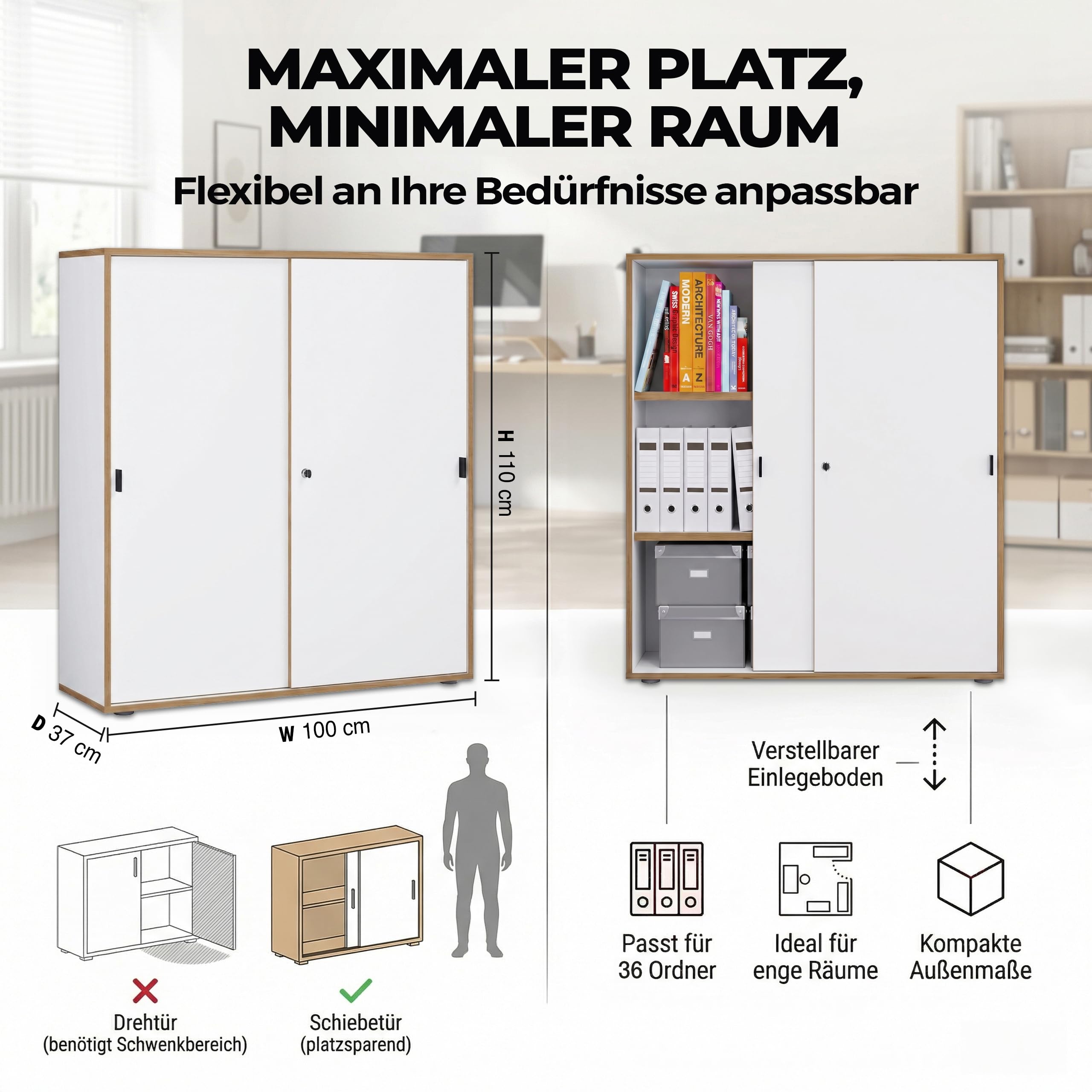 VCM Büroschrank mit 3 Fächern | moderner Aktenschrank mit Schiebetüren | Maße ca. H. 110 x B. 100 x T. 37 cm– Salia 3-Fach