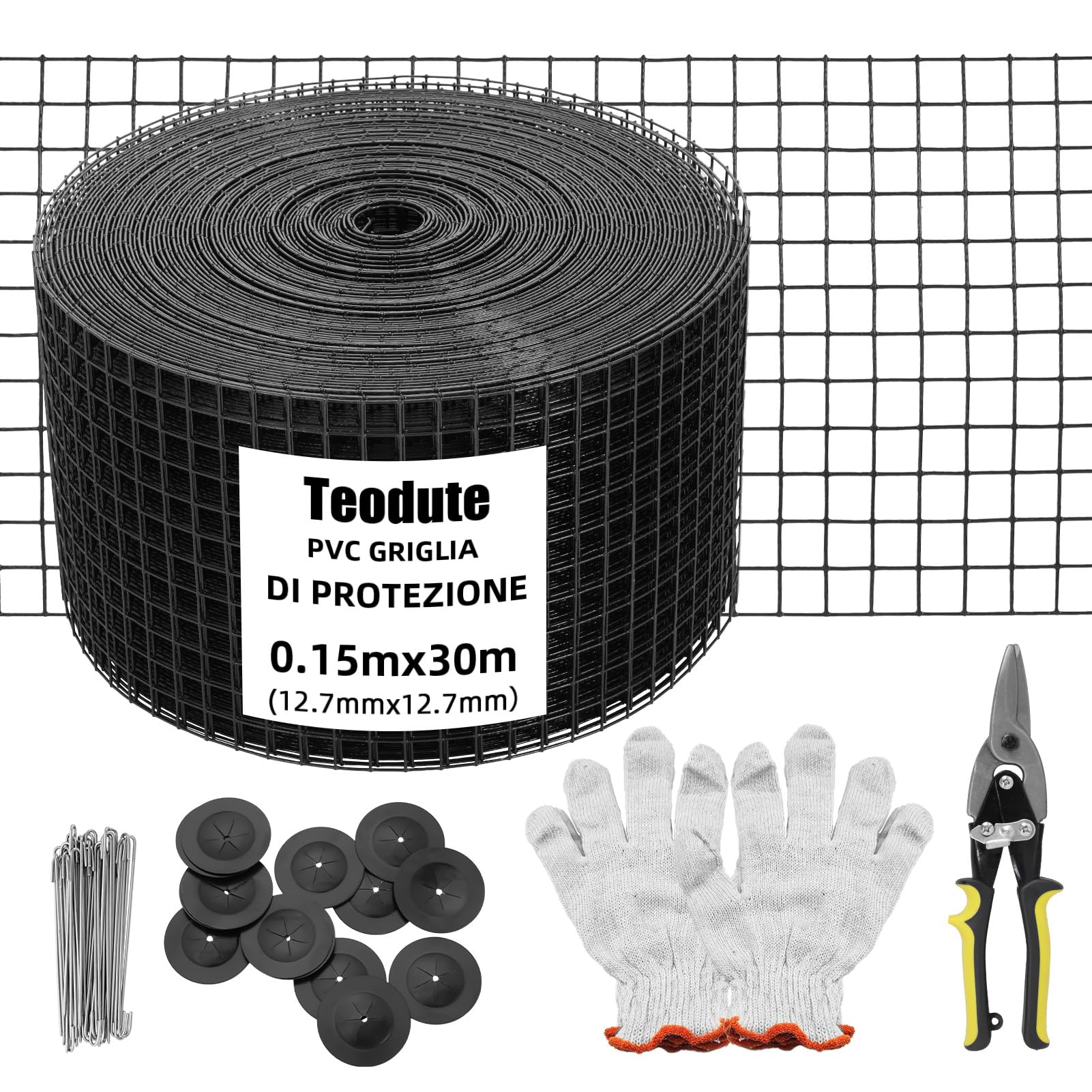 Griglia di Protezione per Pannello Solare in Rotolo 15cm x 30m, Kit Anti-Uccelli 70 Fascette in Acciaio Inox Rivestimento in PVC Antiruggine Rete Metallica da 12,7 mm