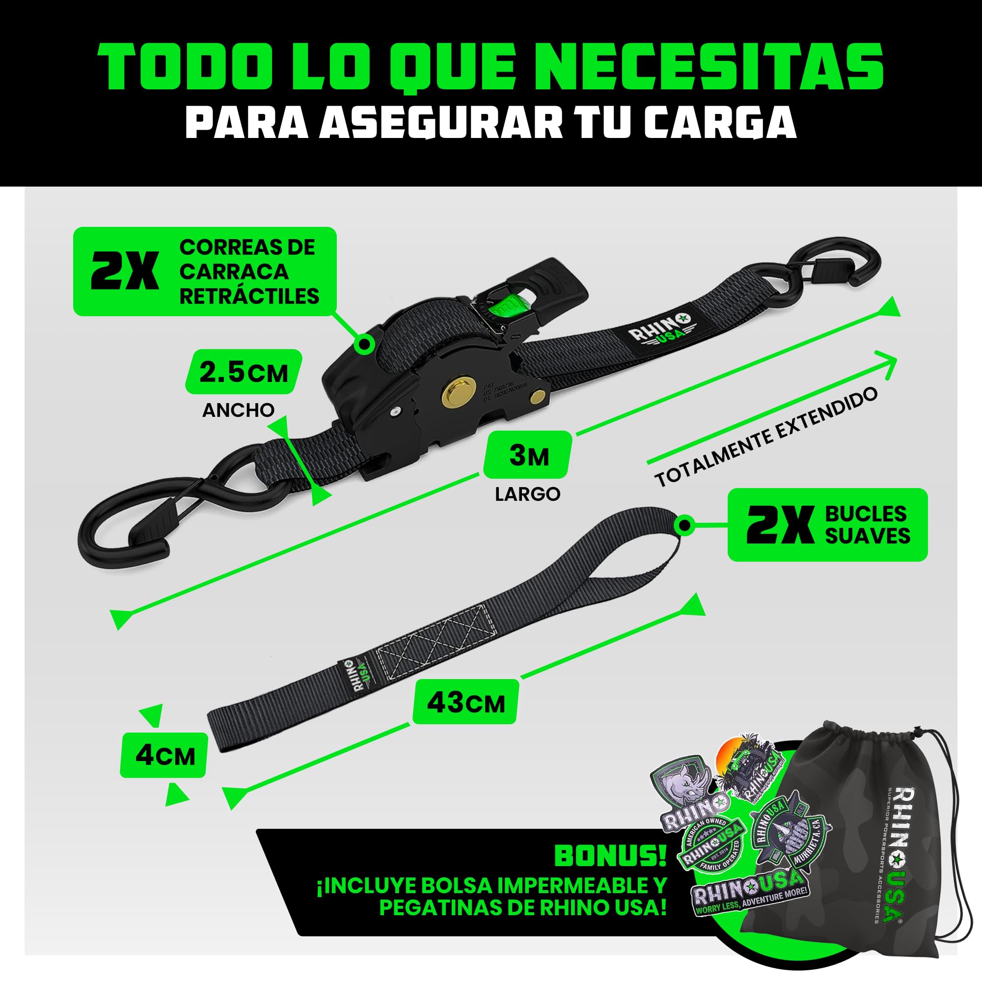 Rhino USA Correas de Carraca Retráctiles (Juego de 2) - 2.5cm x 3m (540kg de Resistencia a la Rotura) - Correas de Amarre Automáticas y Resistentes para Camión, Remolque, Moto, Bicicleta & Más - Negro