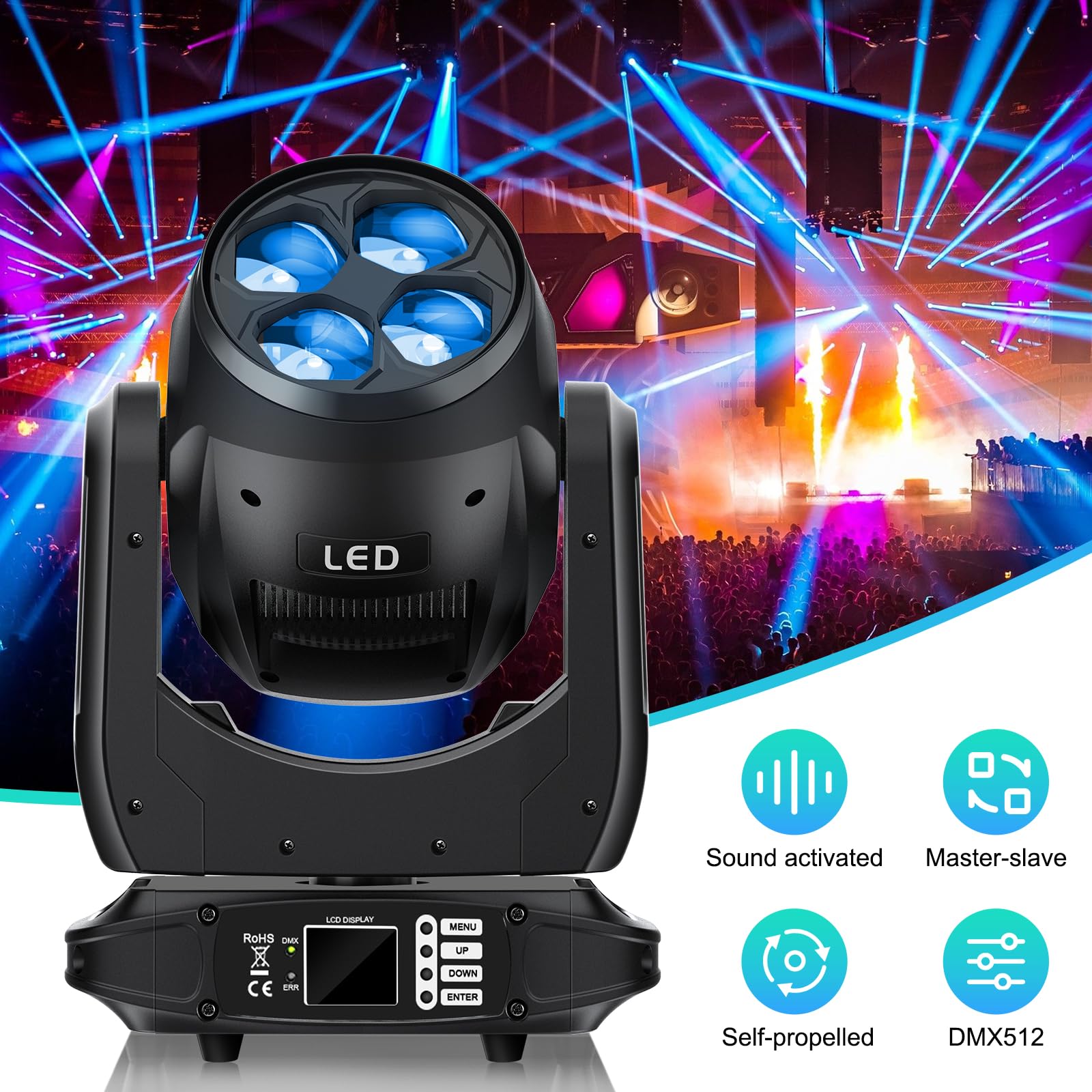 Bee Eyes LED Beam Moving Head Licht 4-in-1 Zoom-Effekt Bühnenlicht RGBW Licht für Event Show DJ Bar Pub Club Hochzeit Disco Party Licht