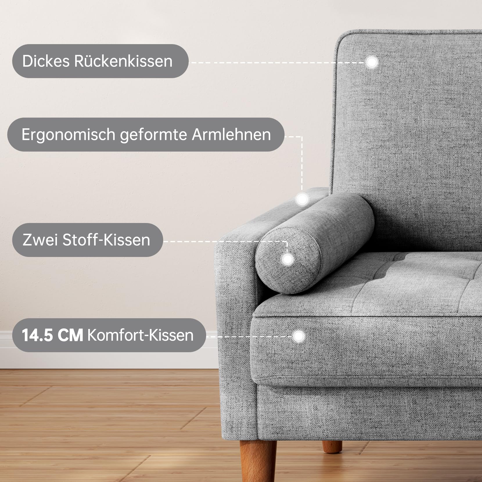 Divano a 2 posti, divano piccolo in finto lino, grigio chiaro, 121 x 77 x