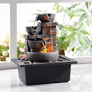 Kalona 10" 4-Tier Tabletop Water Fountain - Indoor Desktop Waterfall with LED Lights, Resin Stone Design for Home Office Relaxation