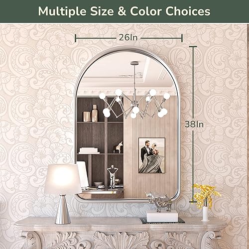 Miniatura 7 de TokeShimi Espejo de baño arqueado de plata cepillada de 26x38 pulgadas con aleación de aluminio antioxidante con marco mate para tocador, casa de