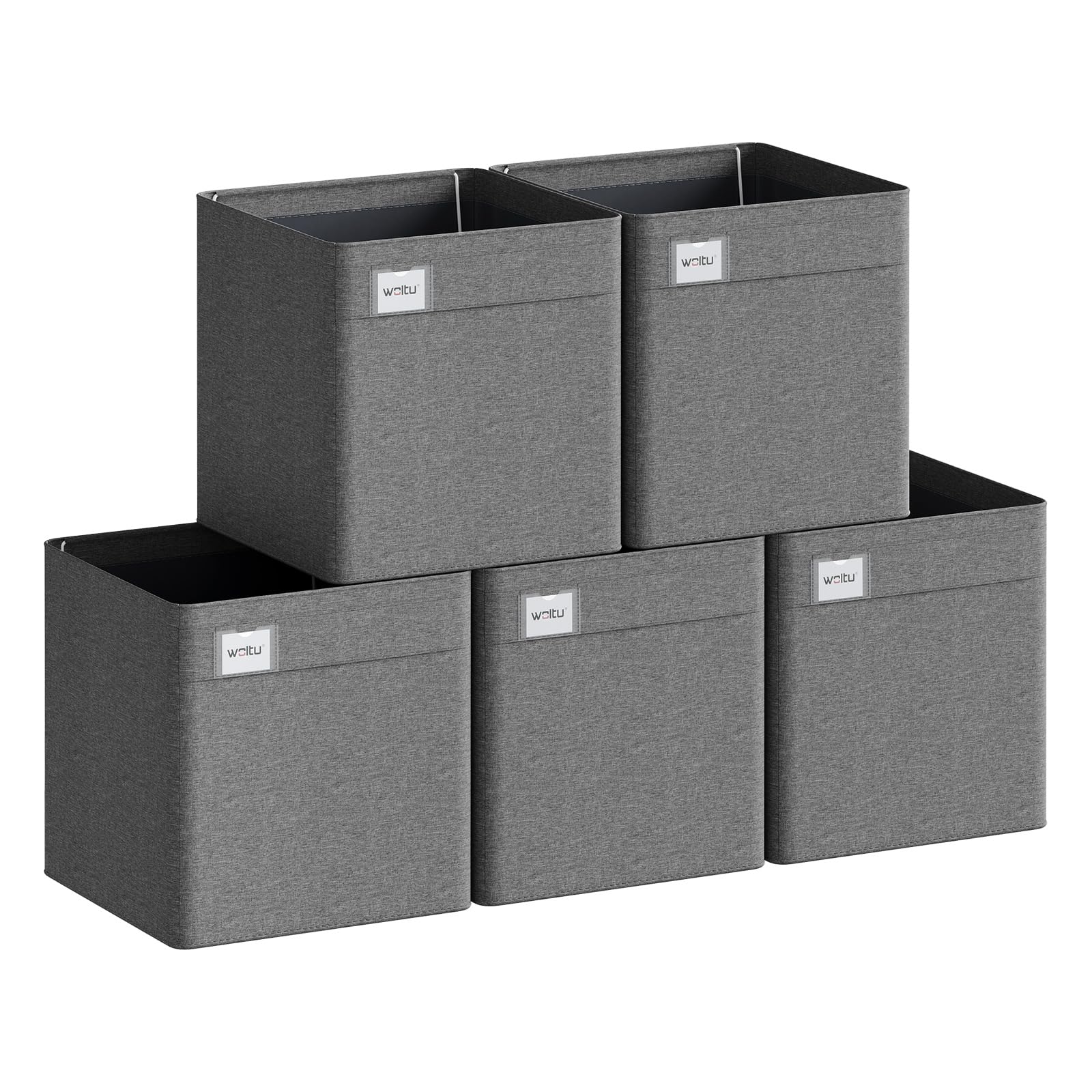 Woltu Grey Collapsible Storage Boxes Set Of 5, Fabric Storage Cubes With Handles And Label Holders, Wardrobe Organisers For Shelves, Bedroom, Living Room, Office, Dark 29.5X29.5x29cm