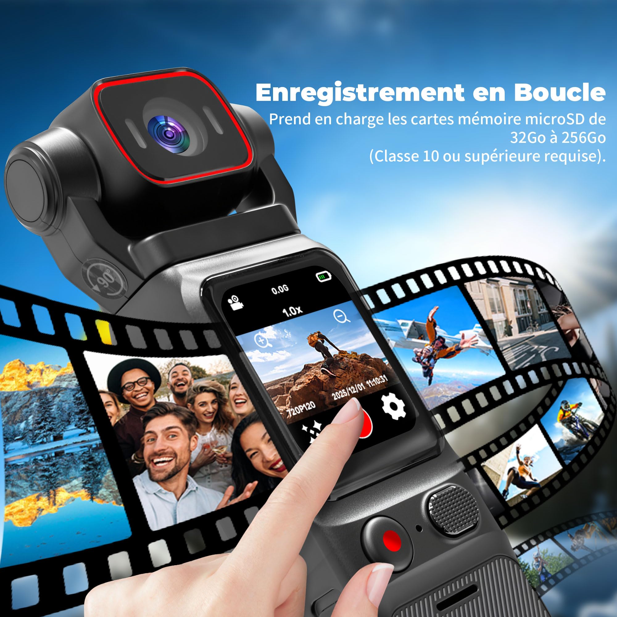 4K Camera Vlog, Portable Caméra POV, Caméra de Corps, Body Cam pour Sport, WiFi Mini Camera Sport avec Stabilisation, Caméras Corporelles pour Voyage, Carte TF 64GB