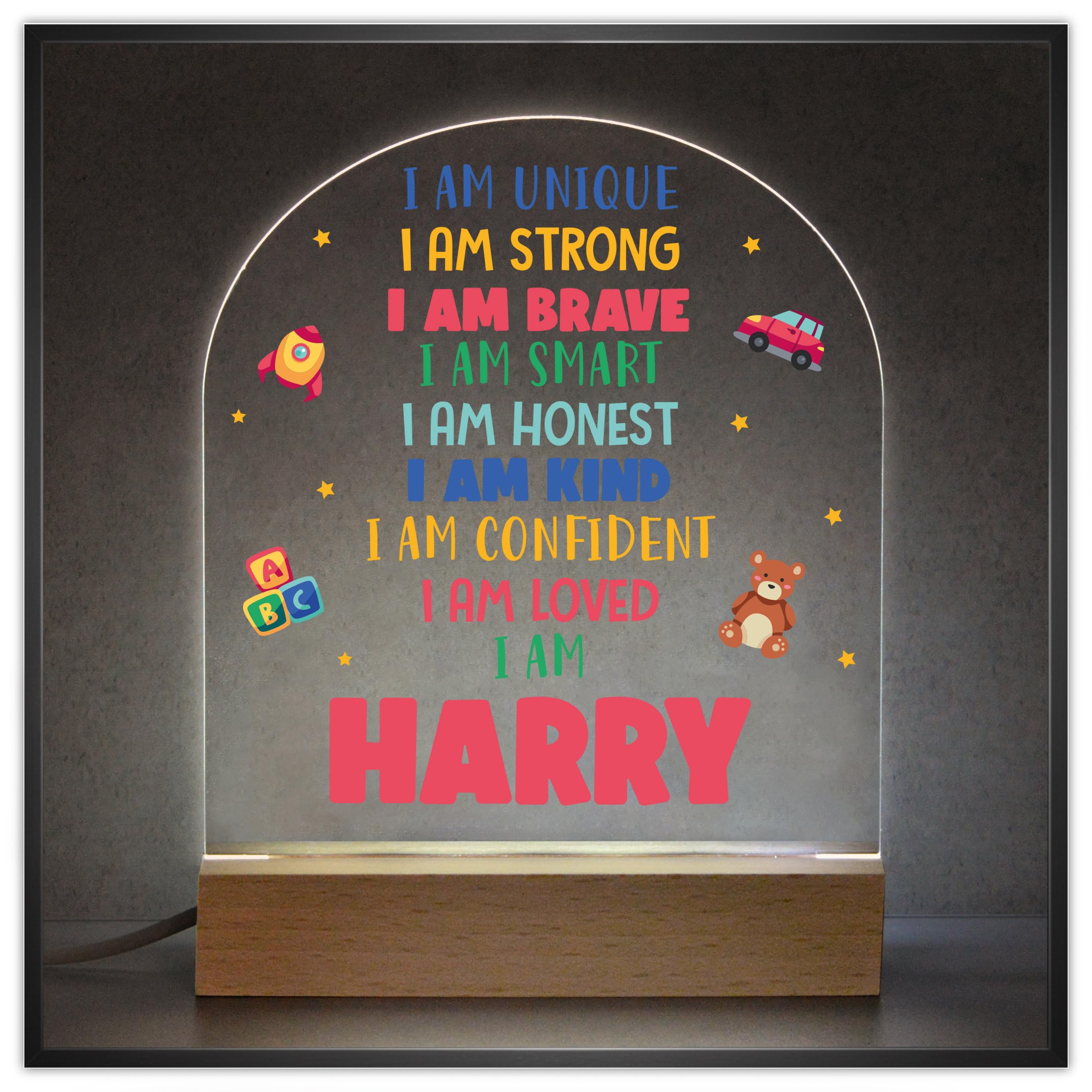 Beecreative Personalised I Am Name Night Light For Boys - Personalised Boys Bedroom Light - Positive Affirmation Thinking Self Esteem Gifts For Kids
