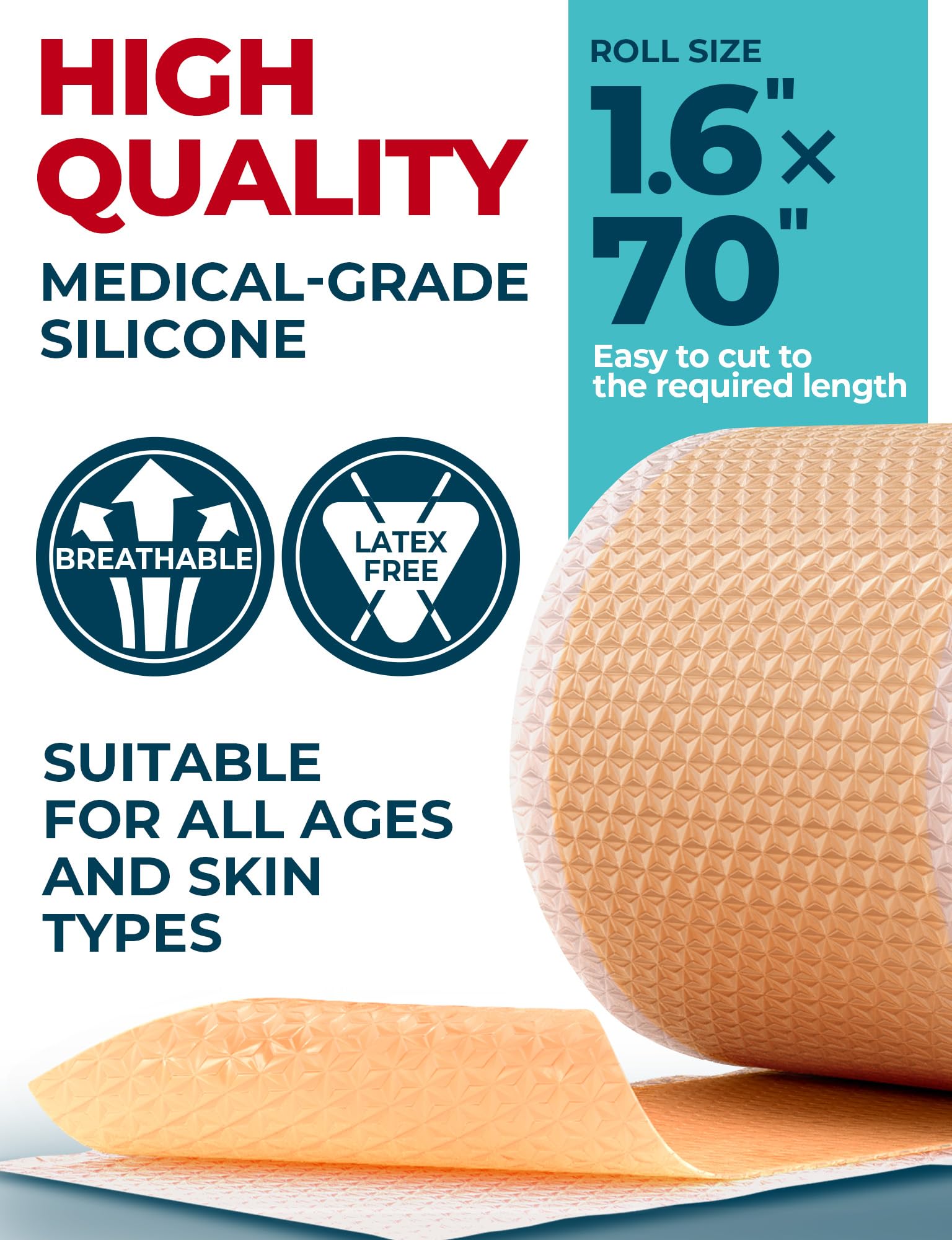Nastro per cicatrici in silicone di grado medico, 4,1 x 177,8 cm, efficace rimozione di cicatrici chirurgiche, cheloidi, sezione C, addominoplastica, ipertrofiche e cicatrici da acne, trattamento