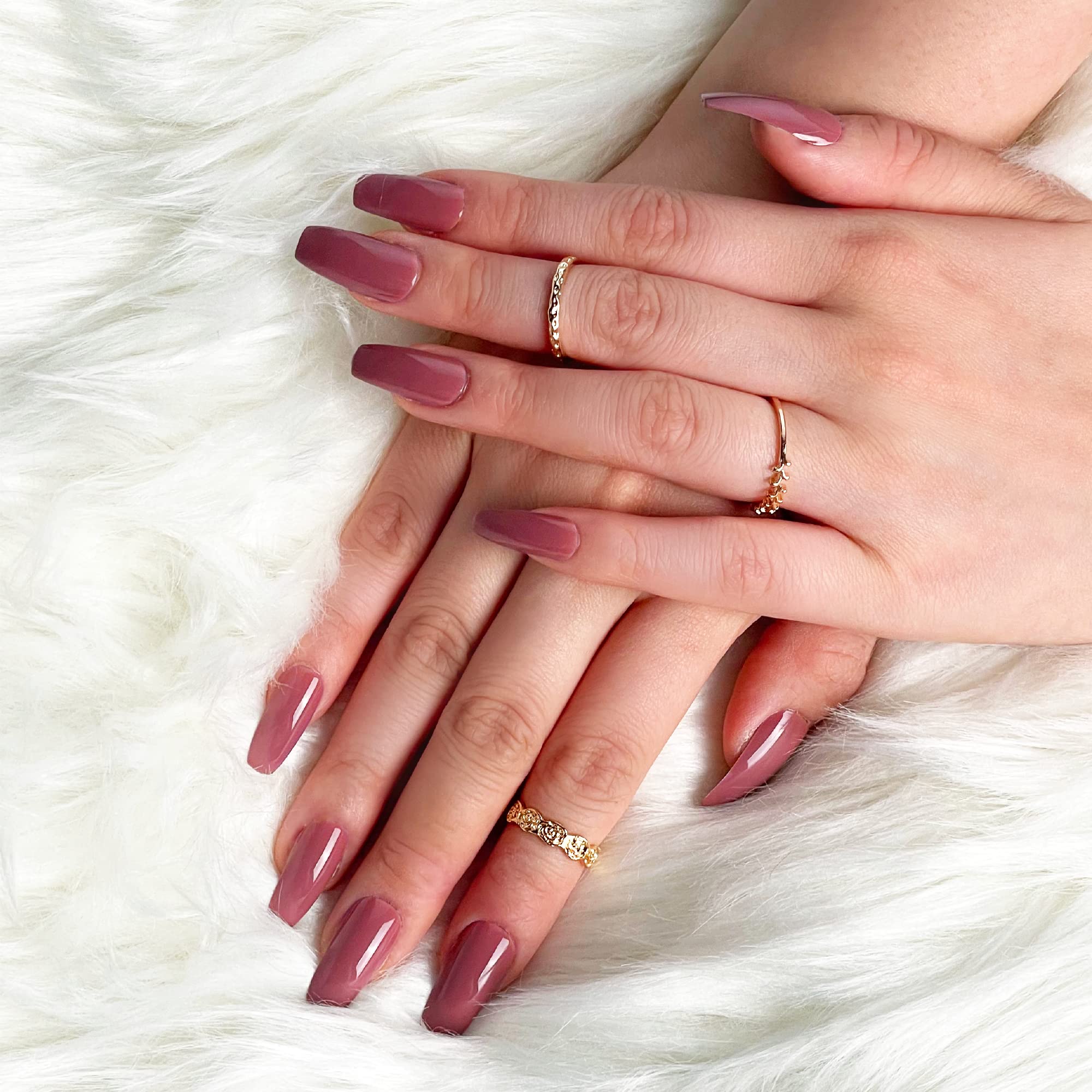 Gold Finger Full Cover False Nails Kit with Glue, Solid Color, Ready to Wear Gel, Medium, Long Length Nails (Feather Light)