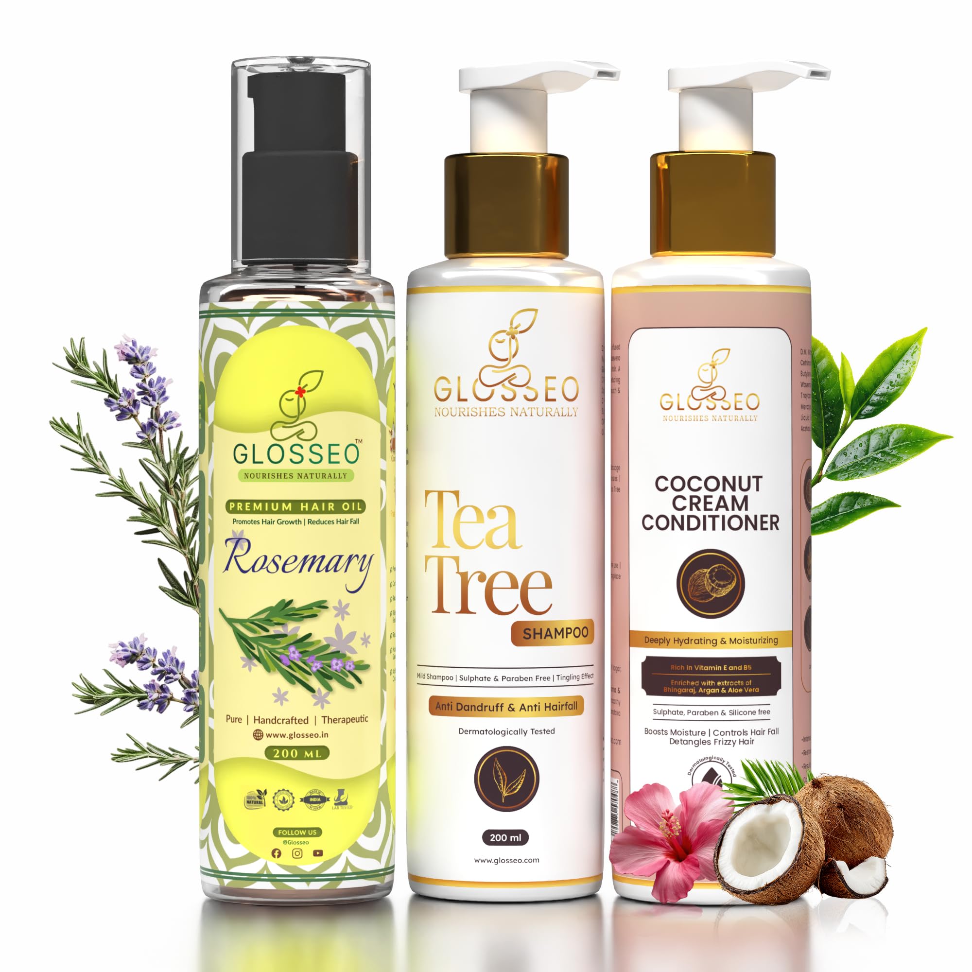 Rosemary Premium Hair Oil + Tea Tree Shampoo + Coconut Cream Conditioner | Hair Fall & Dandruff Control Combo | Smoothening & Nourishing Hair Care Kit | 3 IN 1 KIT | Each product 200 ml-image-12
