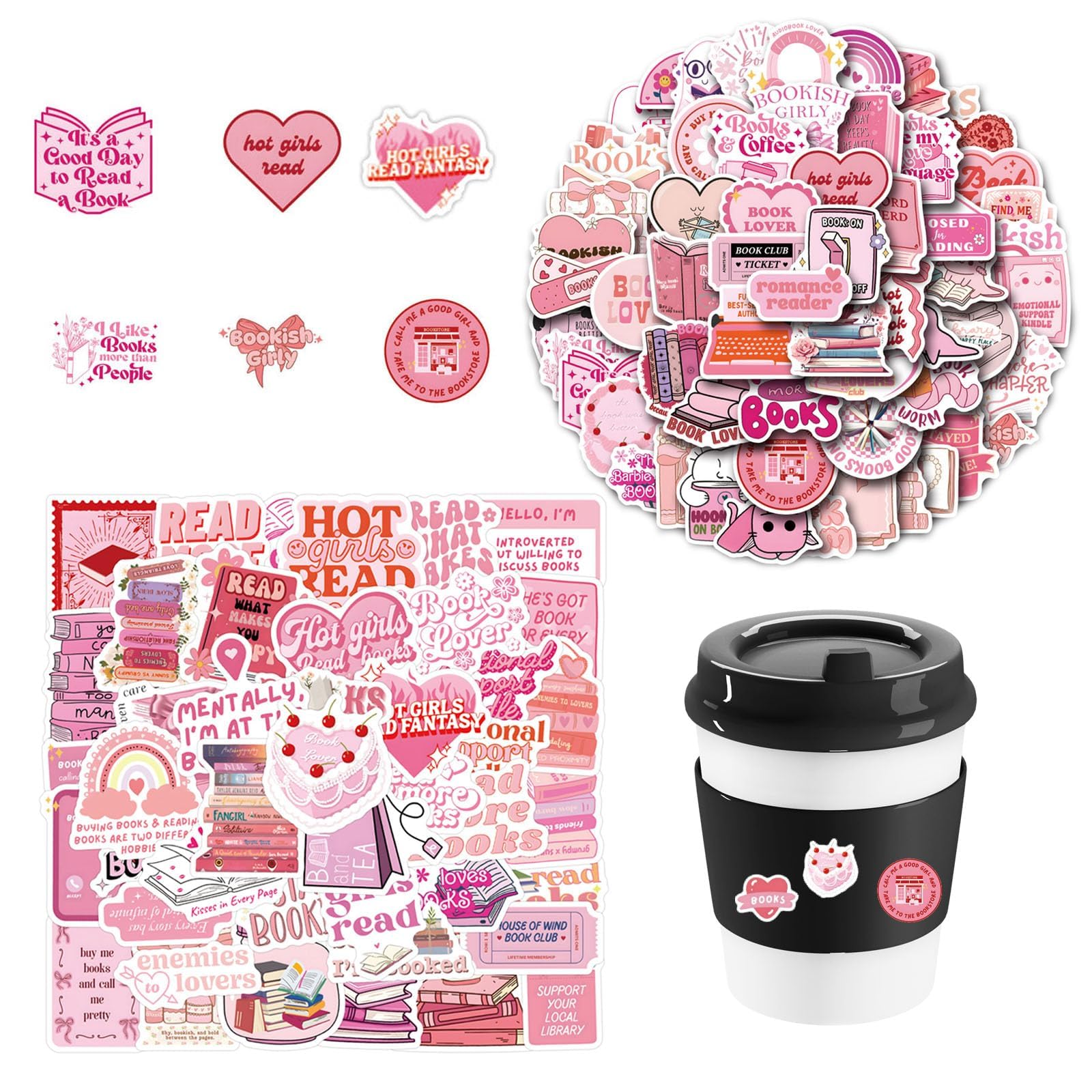 Azonee Book Stickers 120PCS, Pink Bookish Stickers, Waterproof Stickers for Laptops, Water Bottles, Mobile Phones, Skateboards, Books, and Luggage