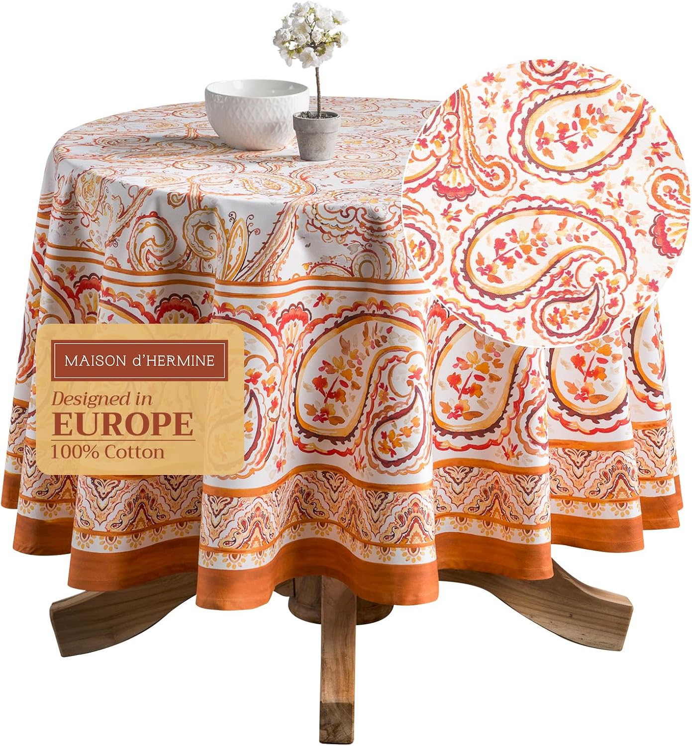Maison d' Hermine Table Cloth Round Table 100% Cotton 69 Inches Tablecloth Reusable Decorative Everyday Use for Dining Room, Farmhouse, Home, Party, Festive & Wedding - Palatial Paisley