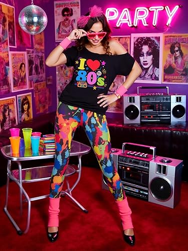 Miniatura 3 de Traje de los años 80 para mujer, disfraces de los 80, camisas de los 80, leggings estampados con accesorios, disfraces de Halloween de los años 80