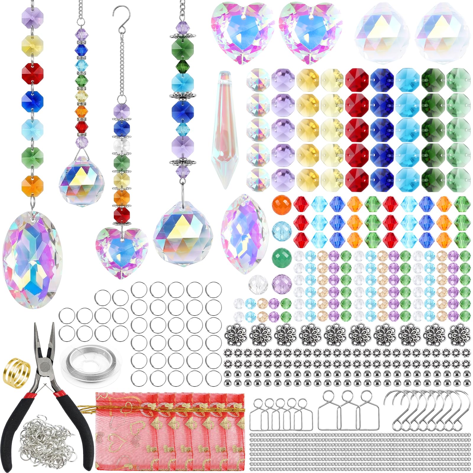 460PCS DIY Sun Catchers Making Kit, Crystal Suncatcher Kit with Prism Beads & Chains, Sun Catcher Crafts Kit for Adults for Window Decoration, Indoor Outdoor Hanging Rainbow Home, Garden Decor