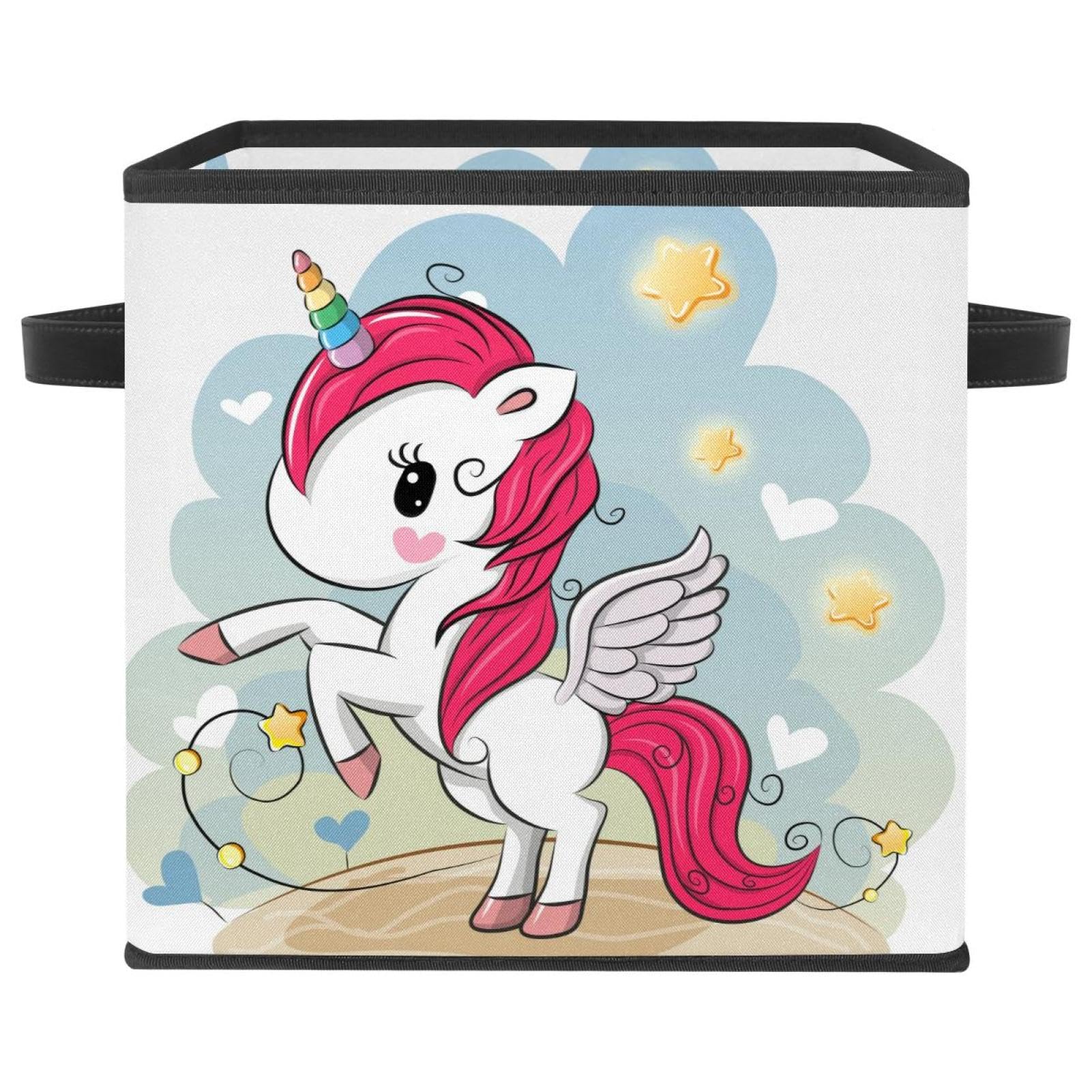 Cube de rangement pliable en tissu avec poignées motif licorne comique