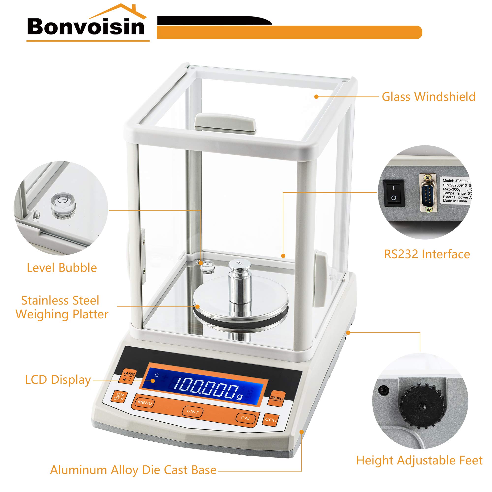 Bonvoisin Analytische Waage, 100 g x 1 mg, Präzisions-Laborwaage, 0,001 g, digitale Analysewaage, RS232-Schnittstelle, elektronische Waage, LCD-Anzeige mit Windschutzscheibe (100 g, 1 mg)