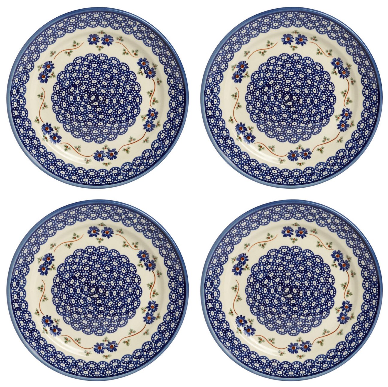 Polish Pottery Blue Floral Chain Dinner Plates, Set of 4 (10" Diameter)