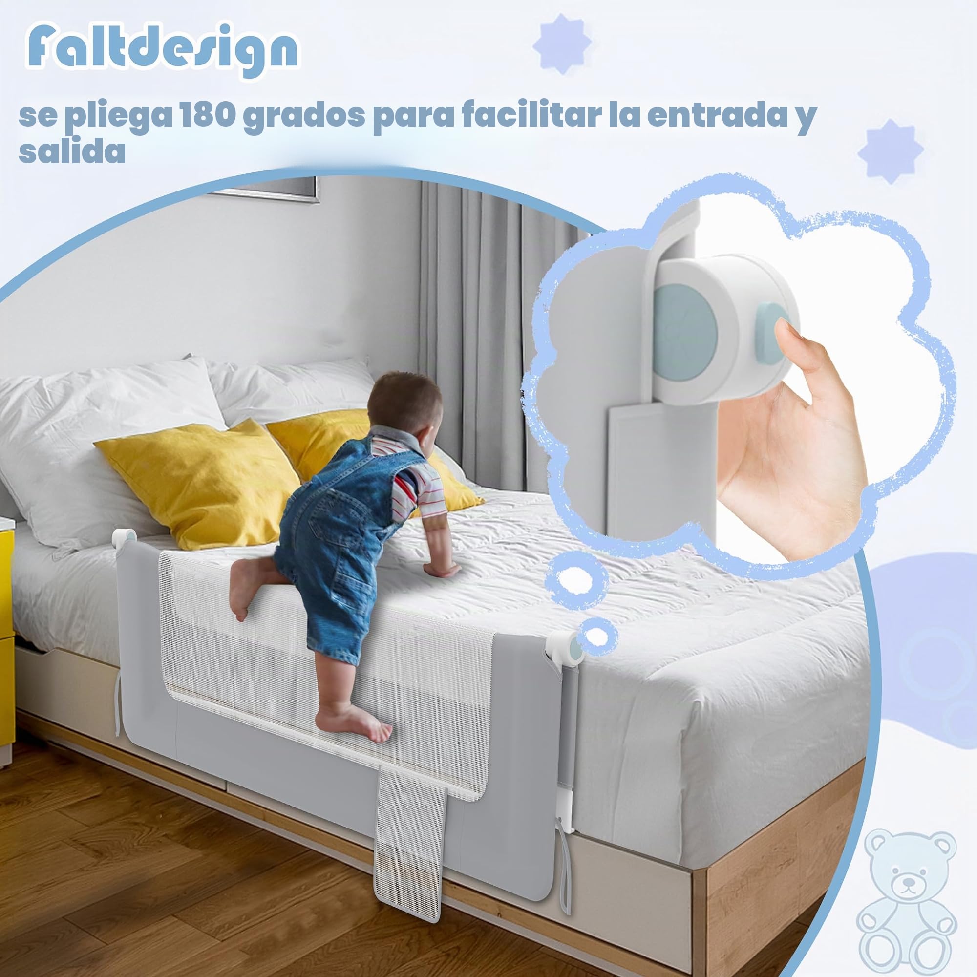 FIVMEN Barrera de cama de 200 cm, protección contra caídas, altura ajustable, plegable 180 grados, para cuna y cama infantil, para camas de niños y padres, gris