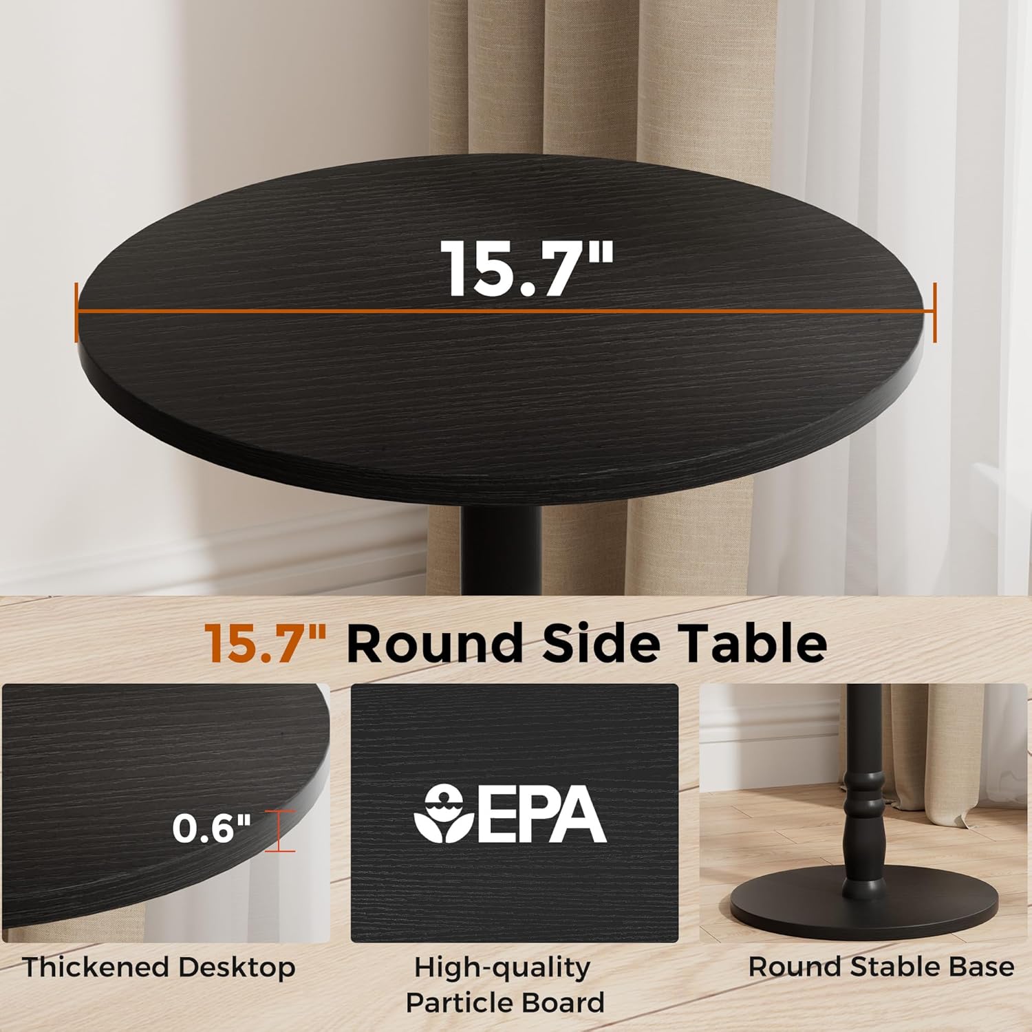 16" Round Side Tables, Solid Wood Pillar with Wood Top & Base, Small Drink Accent Table for Living Room, Bedroom, Sofa & Office, Easy Assembly, Black
