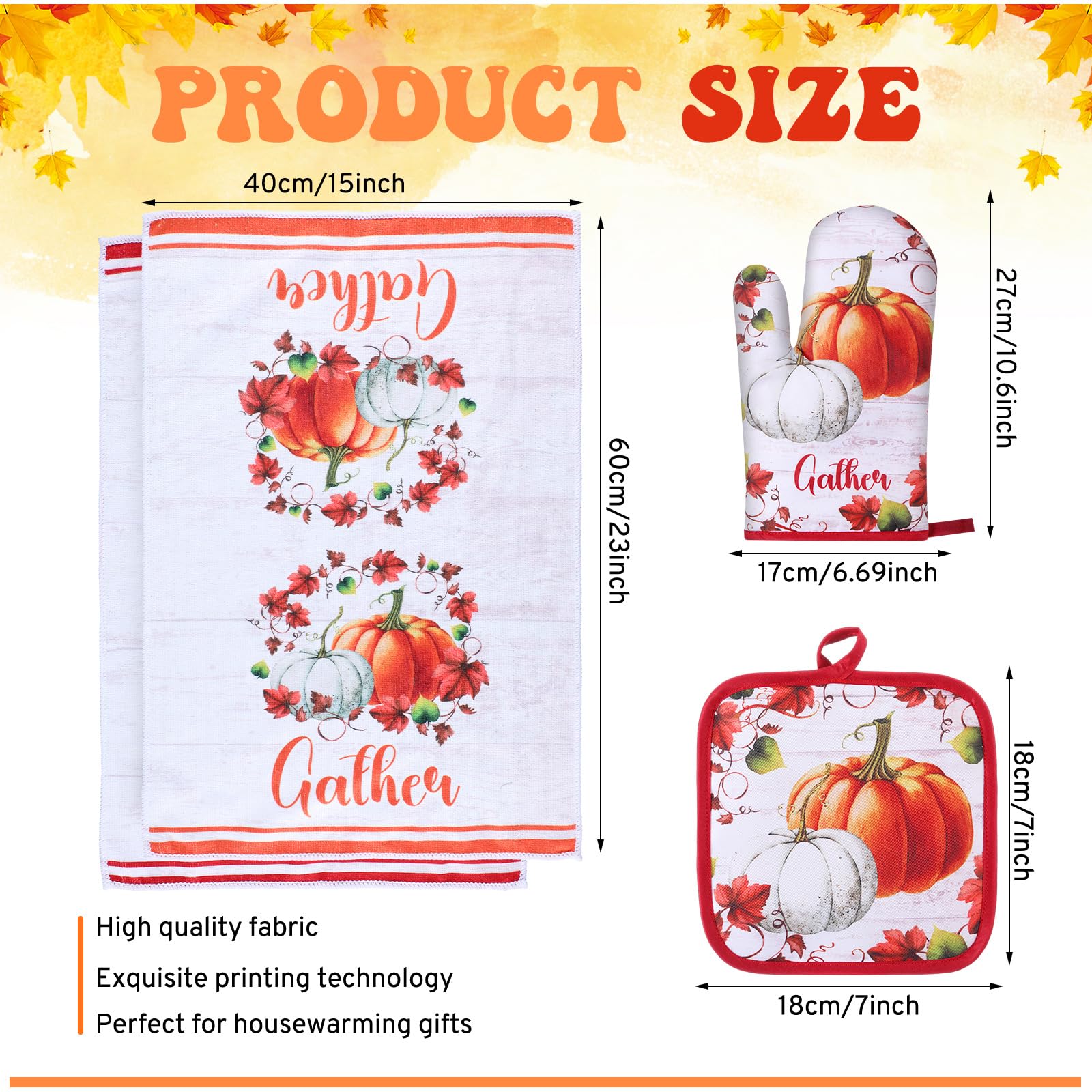 Juego de 6 accesorios de cocina de otoño, incluyendo paños de cocina de calabaza, guantes de horno, soportes para ollas, cosecha, hojas de arce, regalos para otoño, otoño, Acción de Gracias 3