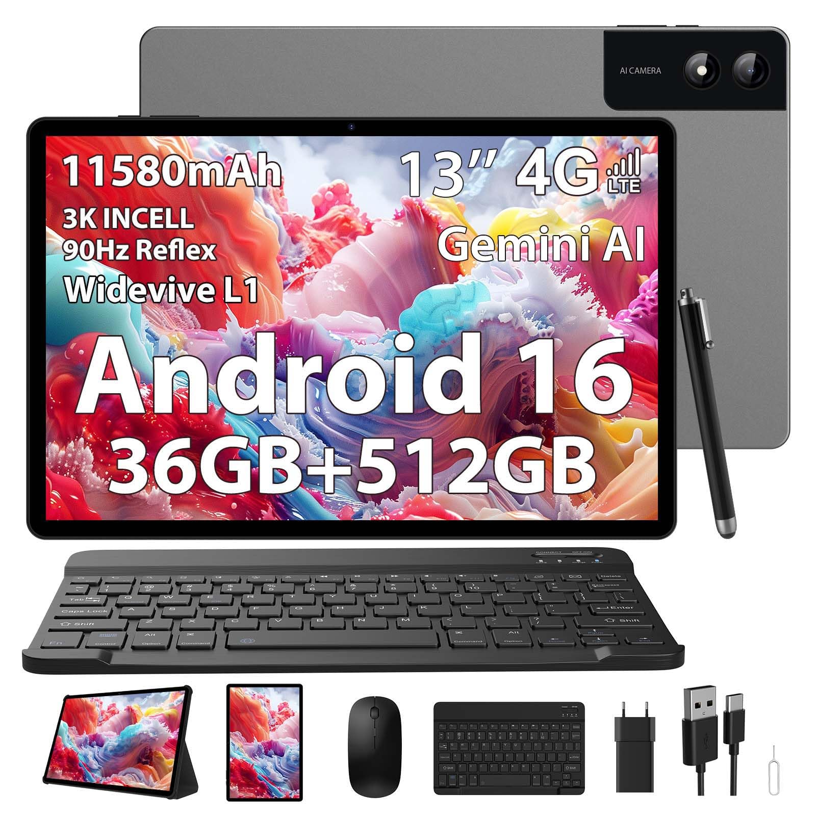 DOFACESH 3K Tablet 13 pollici con Android 16, 36GB RAM+512GB ROM (Estensione 2TB), 4G Lte/5G WiFi, 2940*1840, 11580mAh, 2.2GHz, 13+8MP, Tablet in offerta con Tastiera/WidevineL1/4 altoparlanti-Grigio