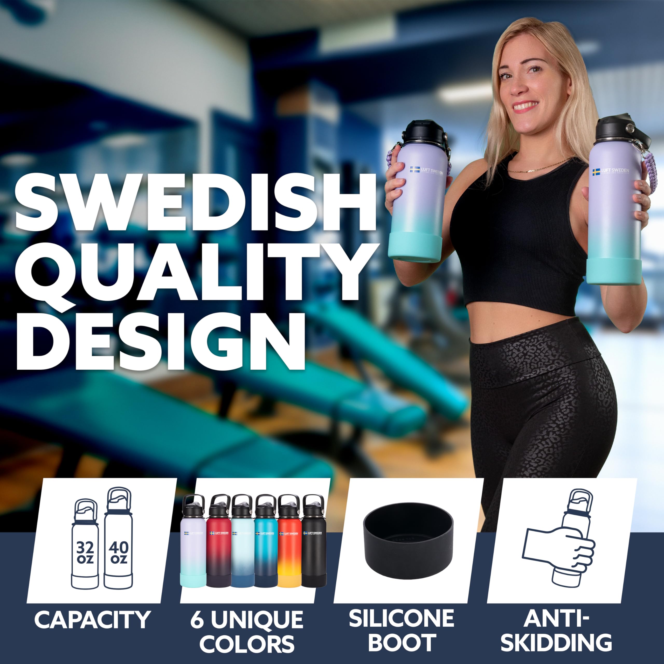 Luft Sweden Borraccia termica in acciaio inox di alta qualità, da 1,18 ml, con cannuccia, riutilizzabile, da palestra, per bevande fredde, 40 ml, colore: rosso e viola
