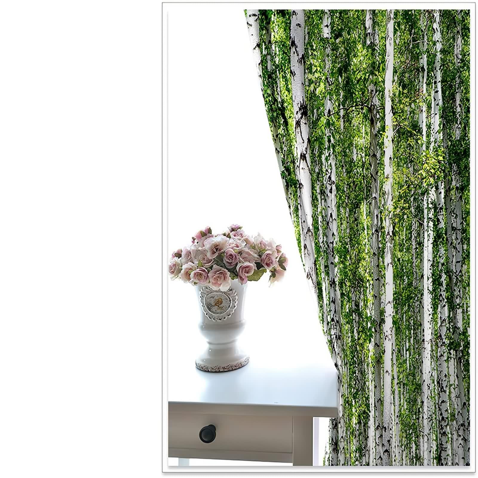 Rideau Fenetre Chambre, Rideaux Polyester Blanc Vert Paysages D'Arbres 214L x 214H CM Lot de 2