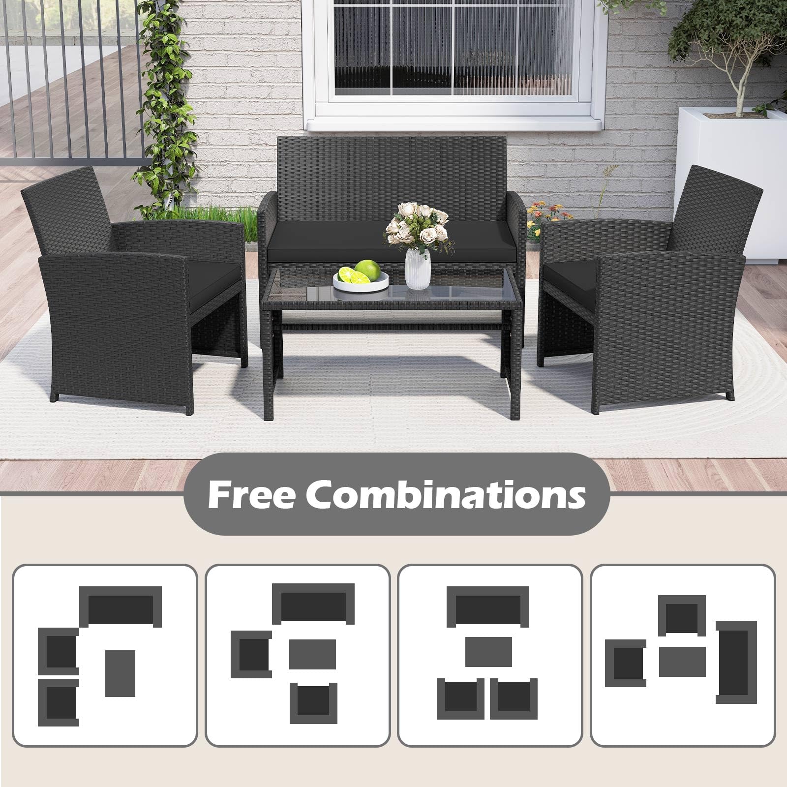 GIANTEX Set Salotto Esterno 4 Pezzi in Rattan PE, Divano 2 Posti + 2 Poltrone + Tavolo Basso con Piano in Vetro, Arredamento da Giardino per Terrazza e Patio, Nero