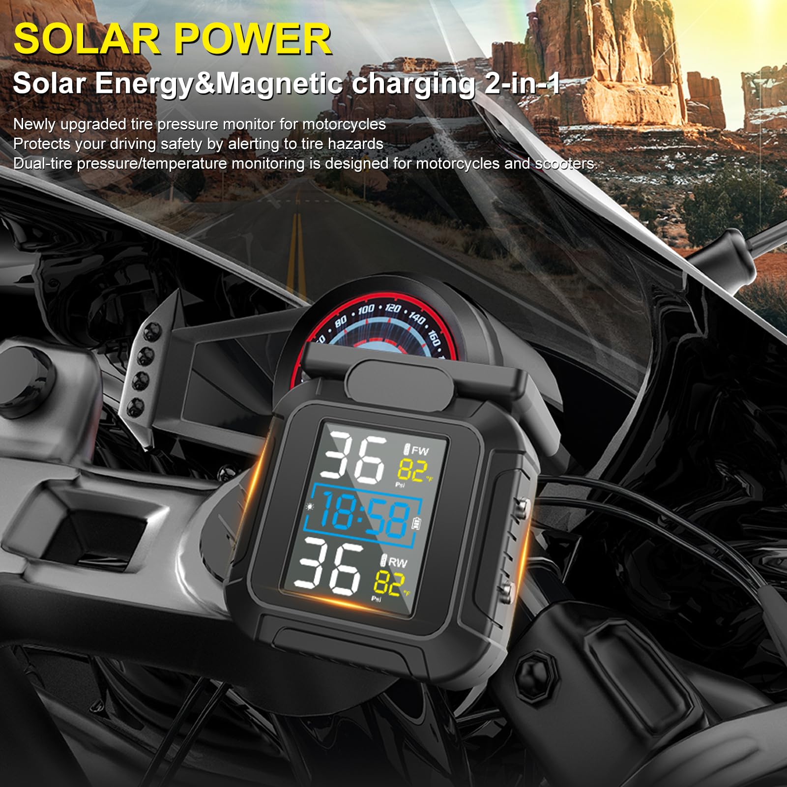 Dual-Reifendruckanzeigemonitor mit Solar, USB-Ladung, Echtzeitalarmen für Sichere Fahrten, Eingebaute Batterie und Externe Sensoren, Reifendruck und Temperaturüberwachungssystem