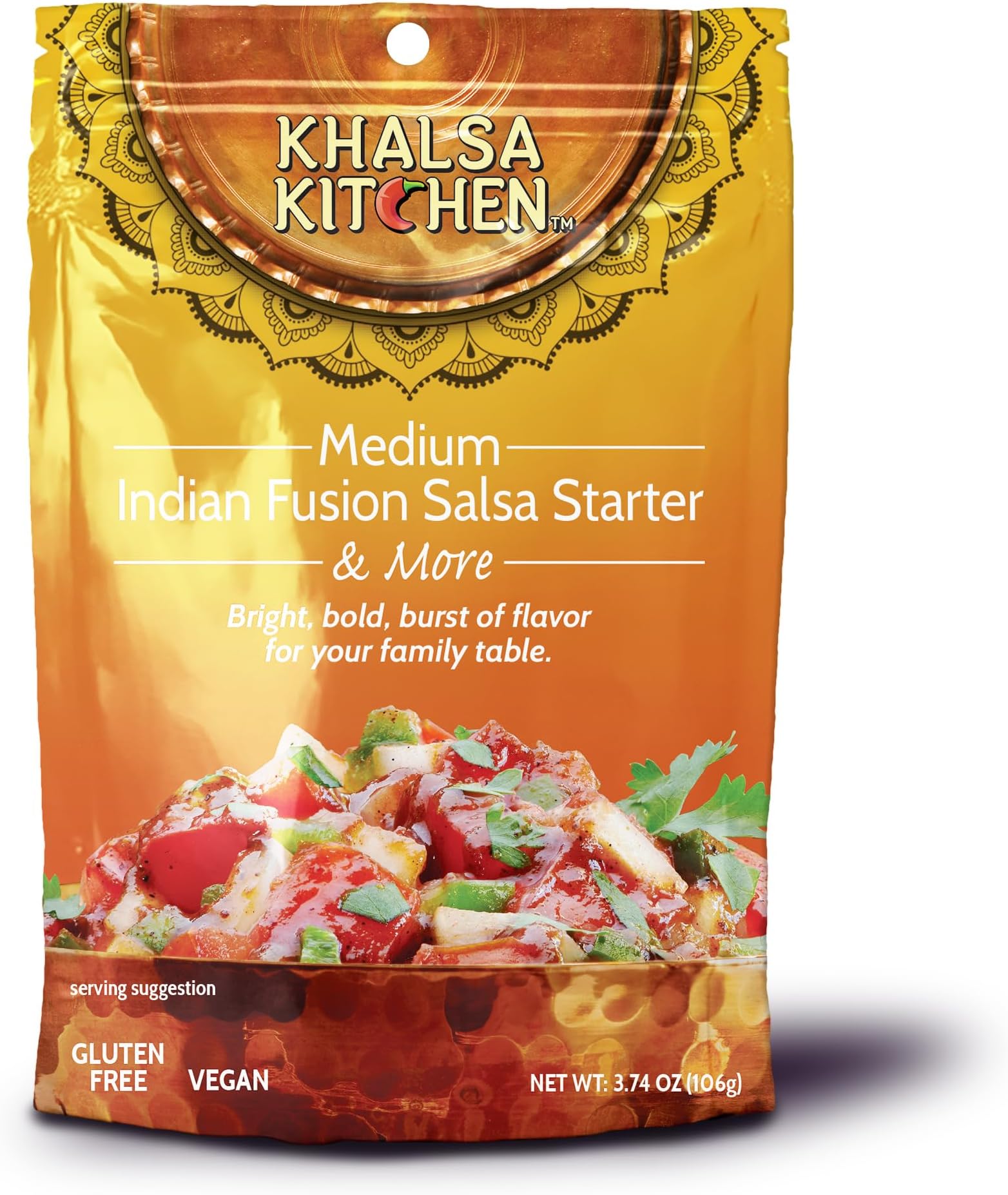 Khalsa Salsa Indian Fusion Salsa Starter (Medium) – Use on Tacos, Burritos, Pastas & Salads - Vegan, Gluten-Free, No MSG or Artificial Ingredients - Starter Sauce for Cooking (4oz) (1-PACK)